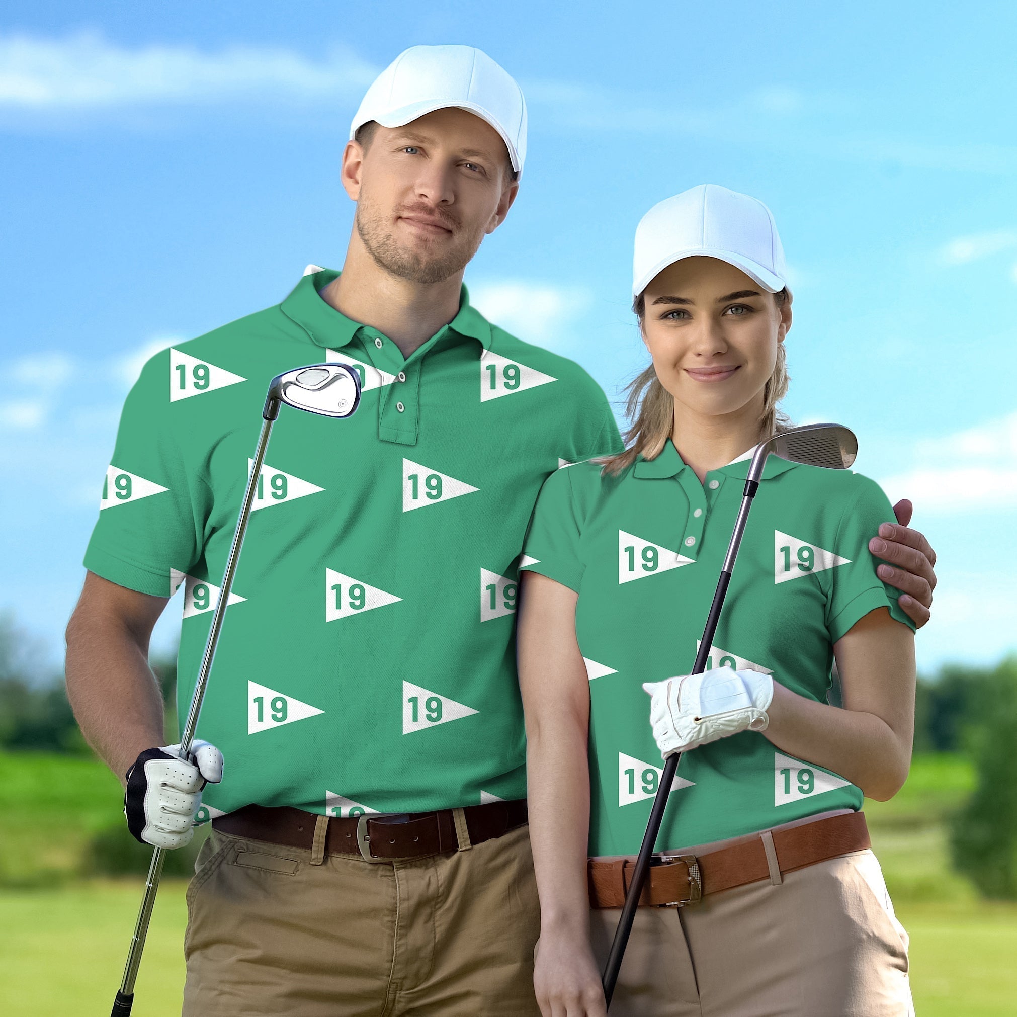 Couple 19th hole golf championship trophy tournament polo shirts with custom design and UV protection