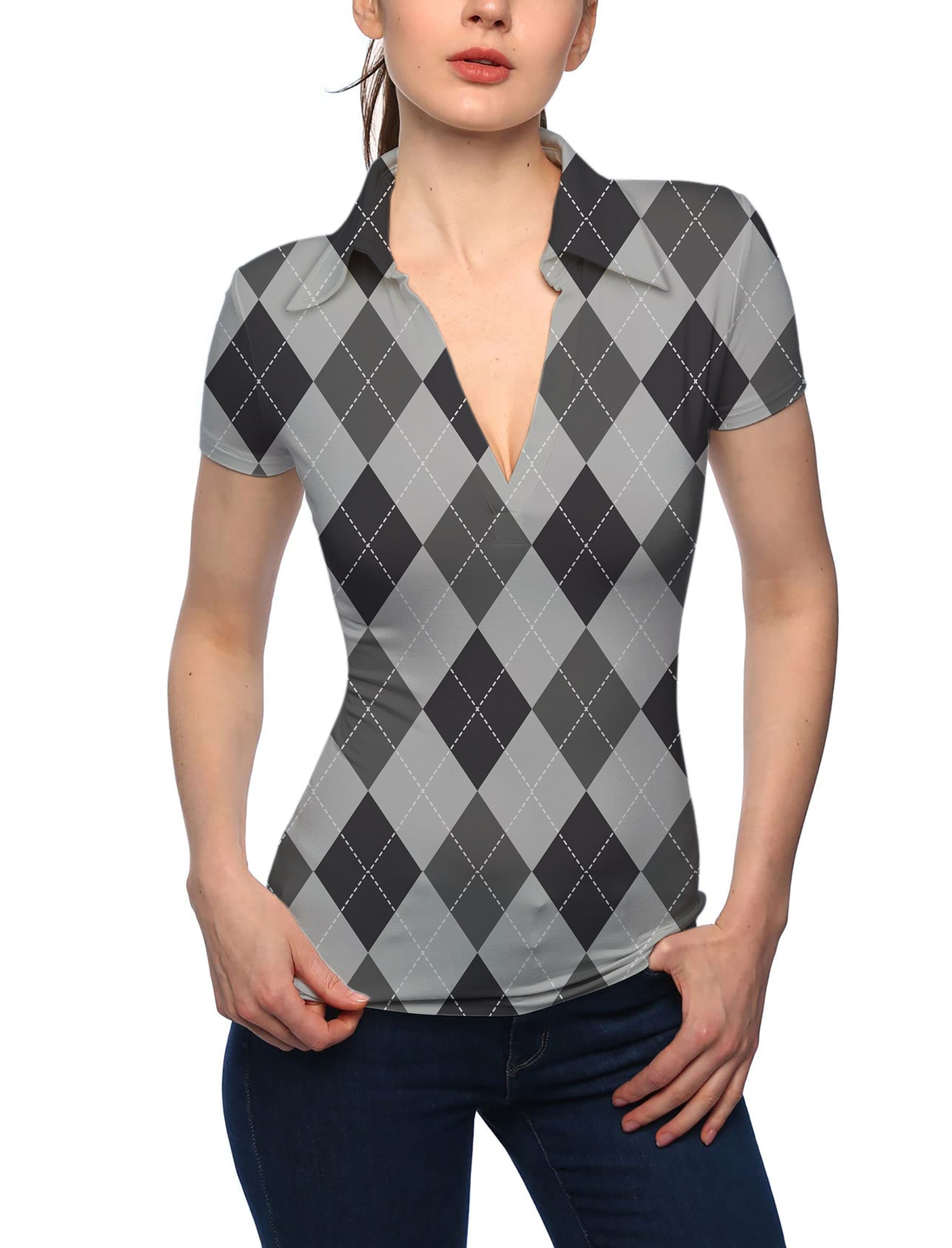Women's grey Argyle V Neck Golf Polo