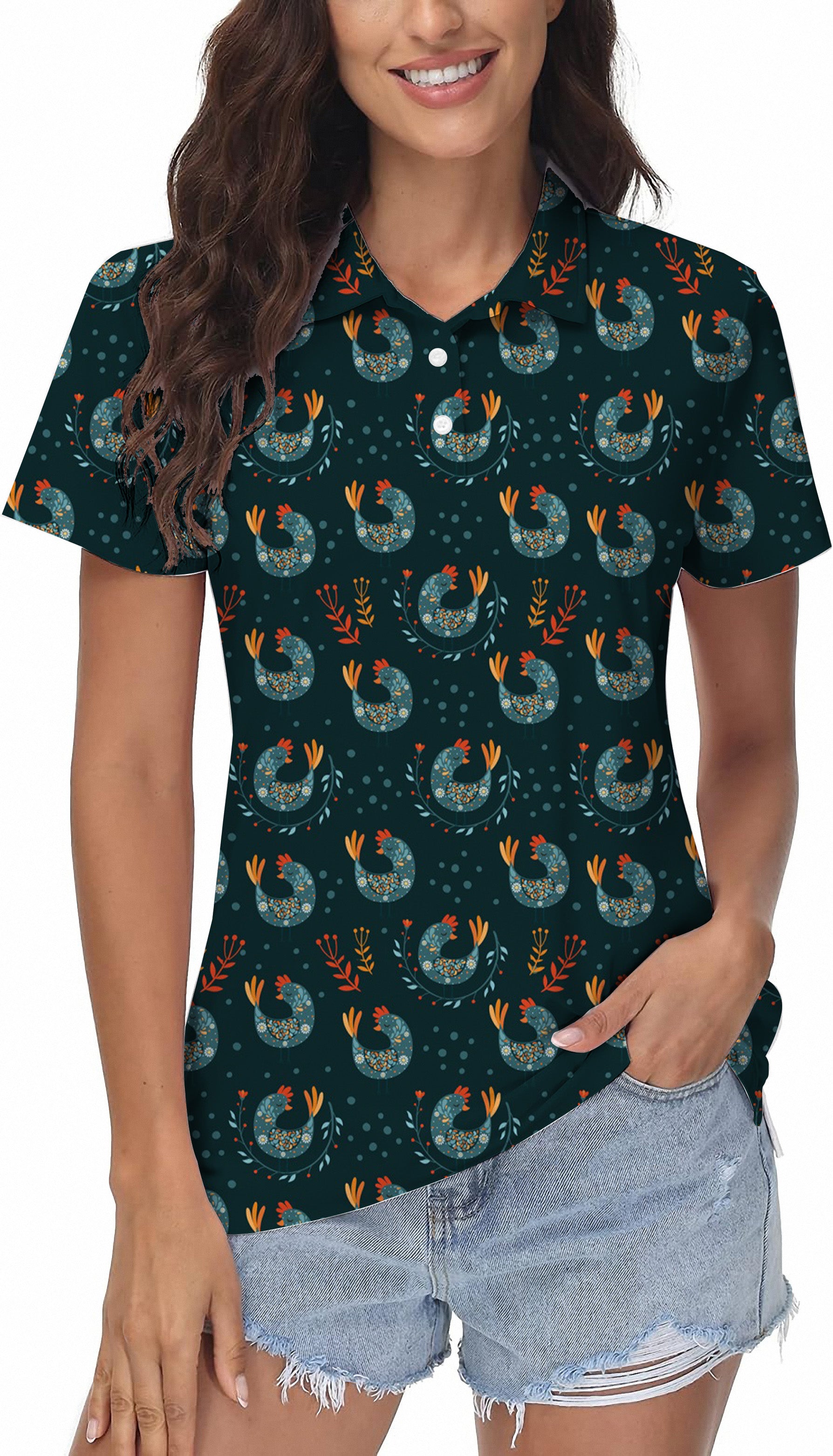 Funny Cute Floral Folk Bird Women's Golf Polo