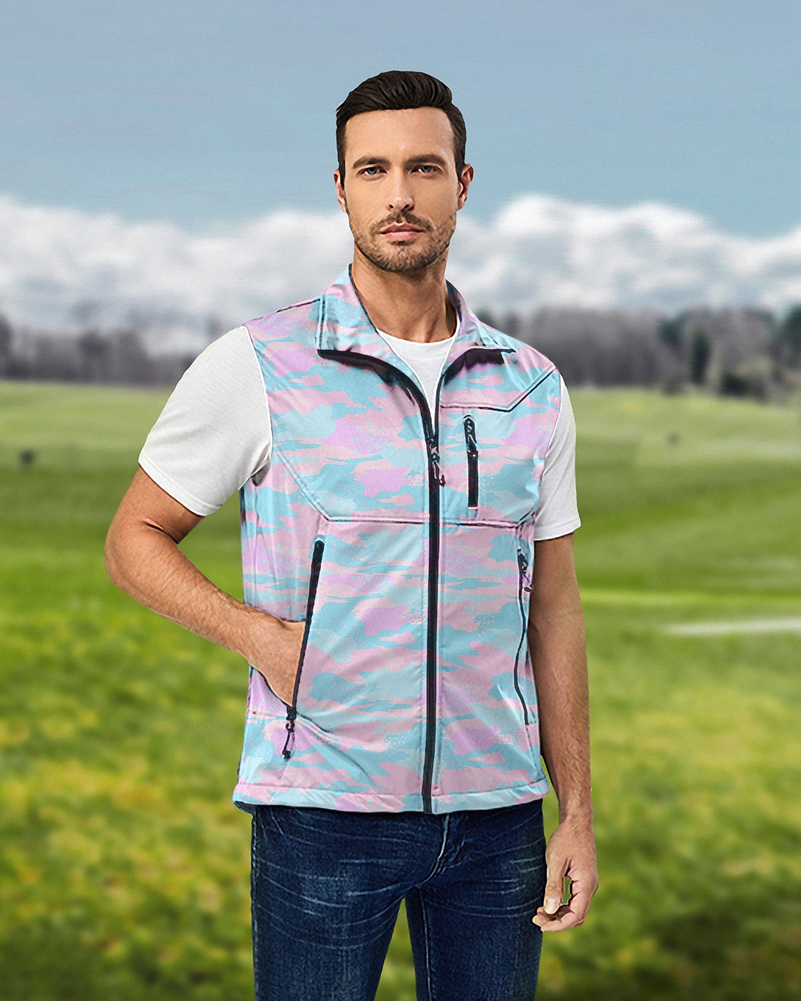 Men's Pastel Camo Lightweight Softshell Vest Sleeveless Jacket for Golf Windproof Waterproof