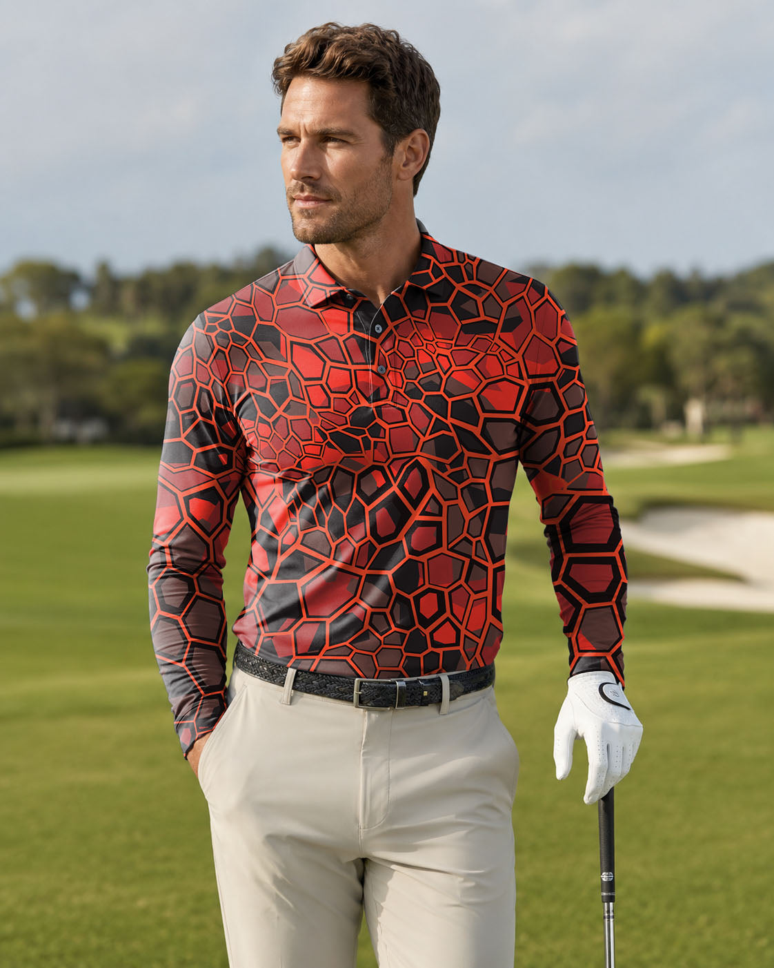 Men's Red Dragonscale golf Long-sleeved Polo