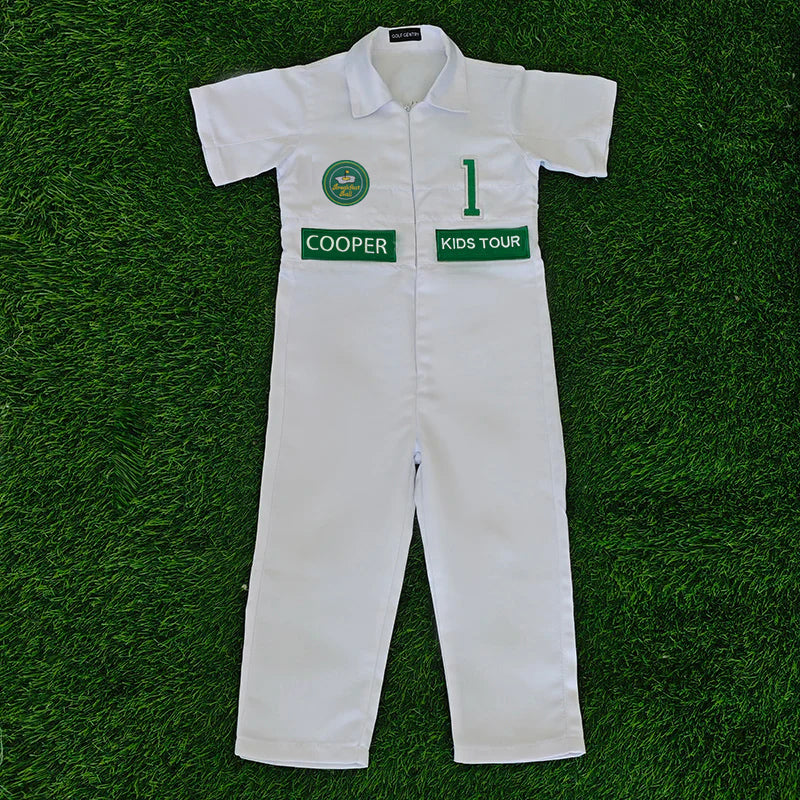 Custom Golf Short-Sleeved Shirt And Long Pants Suit for kids Golf White-Green Suit Children's Jumpsuit Baby Golf Birthday Uniform With Hat