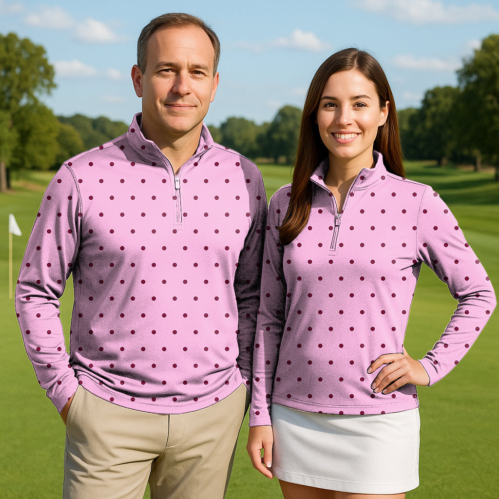 Pink Polka Dots Couple Golf Active 3/4 Zipper Top Long Sleeves
