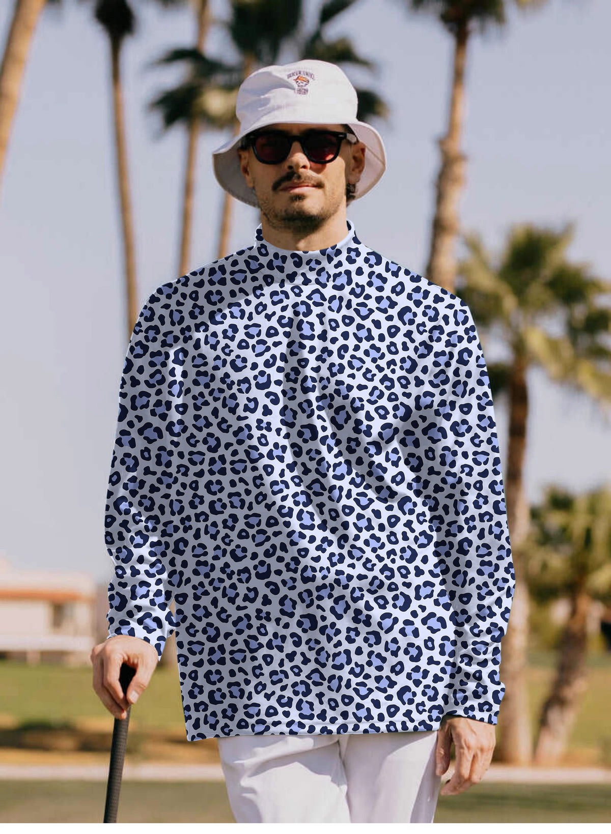 Men's purple leopard print Mock Neck Long/Short Sleeve Golf Tops
