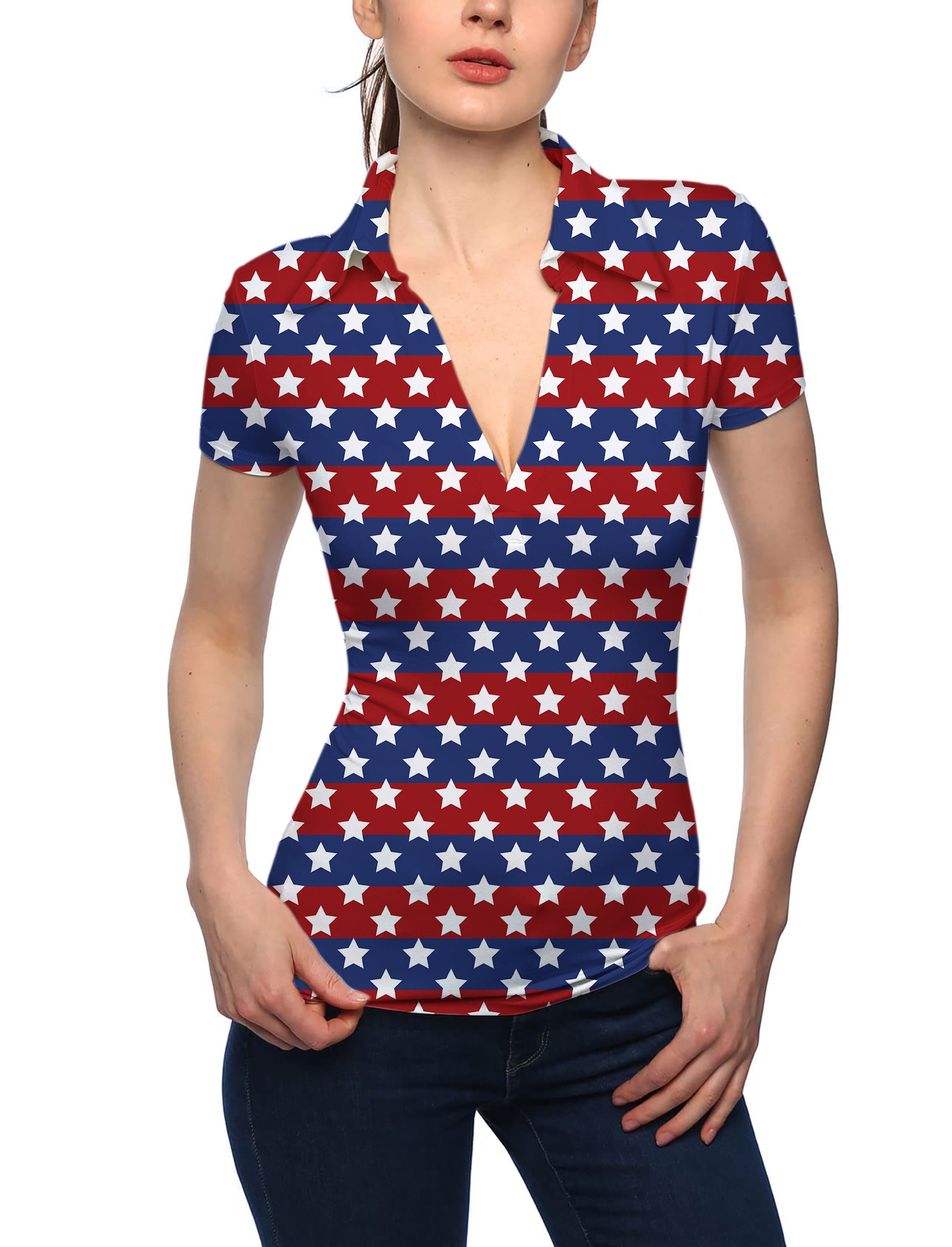 Women's US Flag Stars V Neck Golf Polo