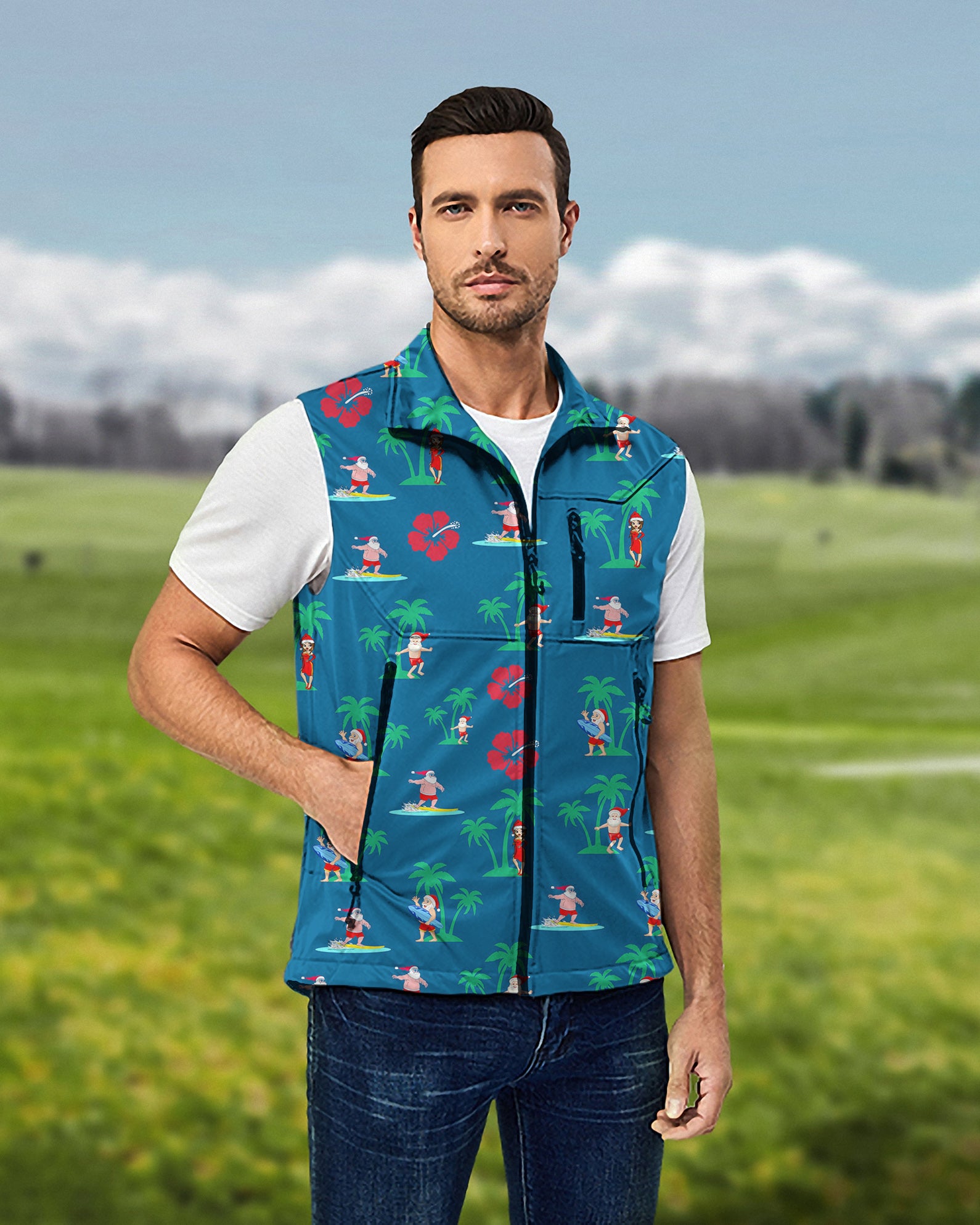 Men's Surfs Up Santa Lightweight Softshell Vest Sleeveless Jacket for Golf Windproof Waterproof