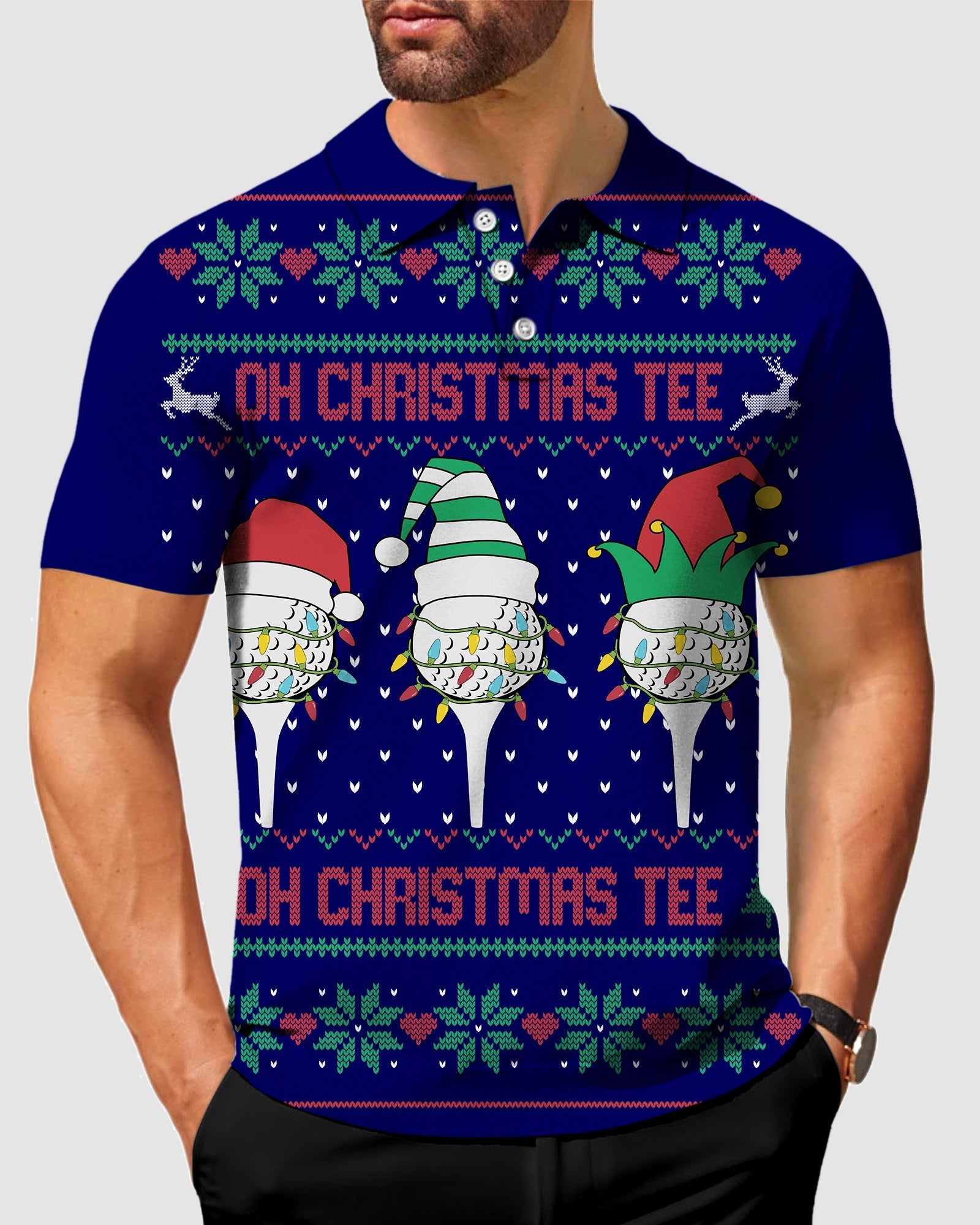 Men's navy Christmas custom face polo with festive golf tee graphics and classic fit