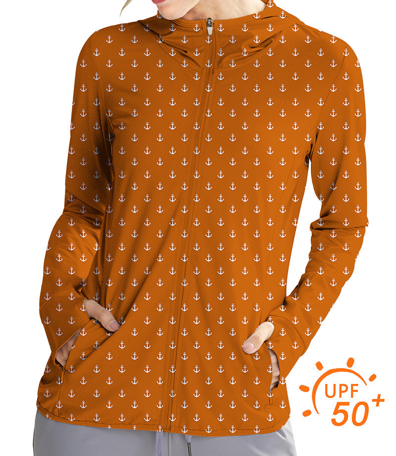 Women's outdoor slim fit orange hoodie with white anchor pattern and UPF 50+ sun protection