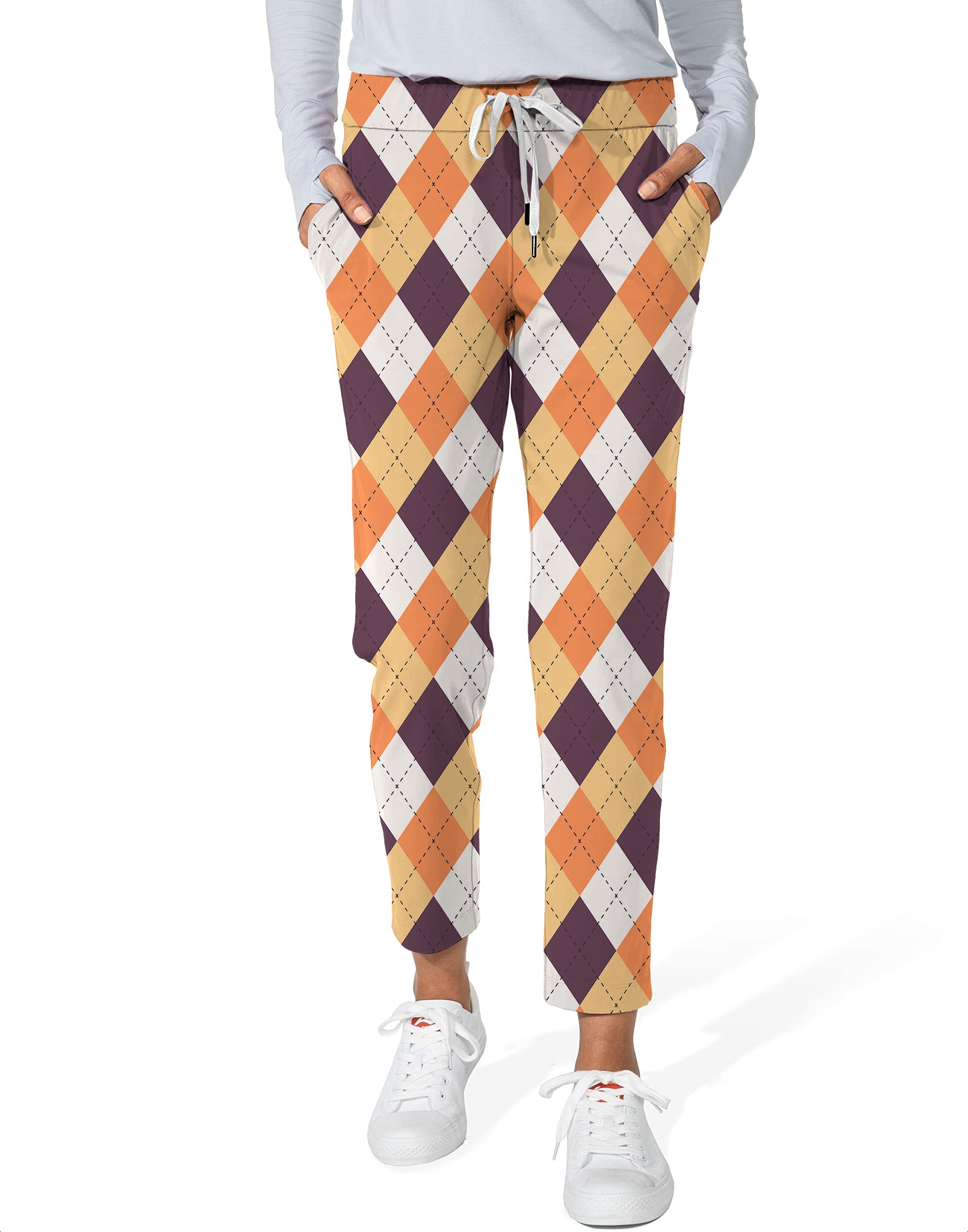 Halloween Orange White Brown Argyle Women's 7/8 Stretch Ankle Golf Pants