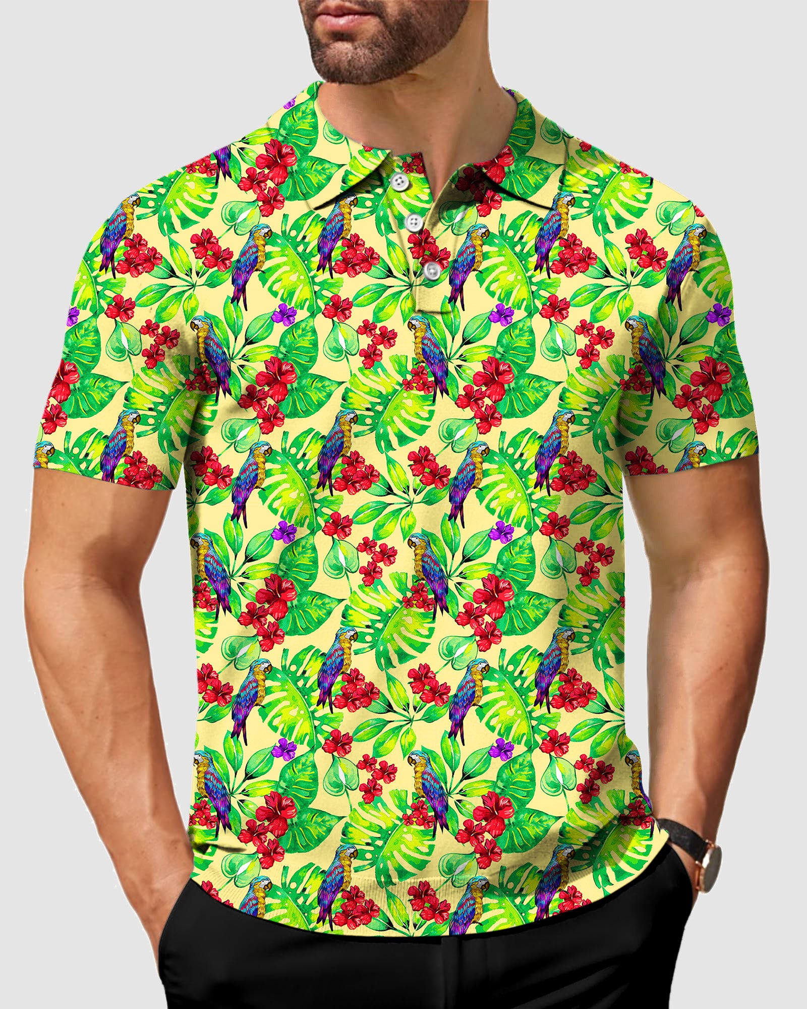 Men's Toucan tropical flowers golf polo