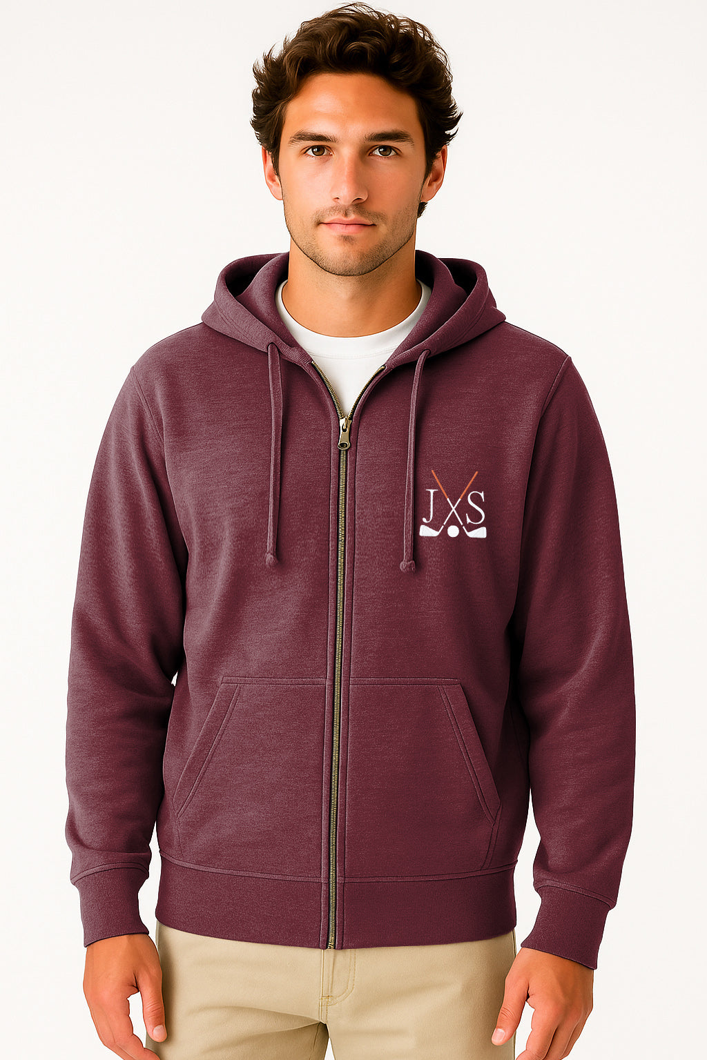 Dark red plus size men's zipper hoodie with embroidery and front pouch pocket