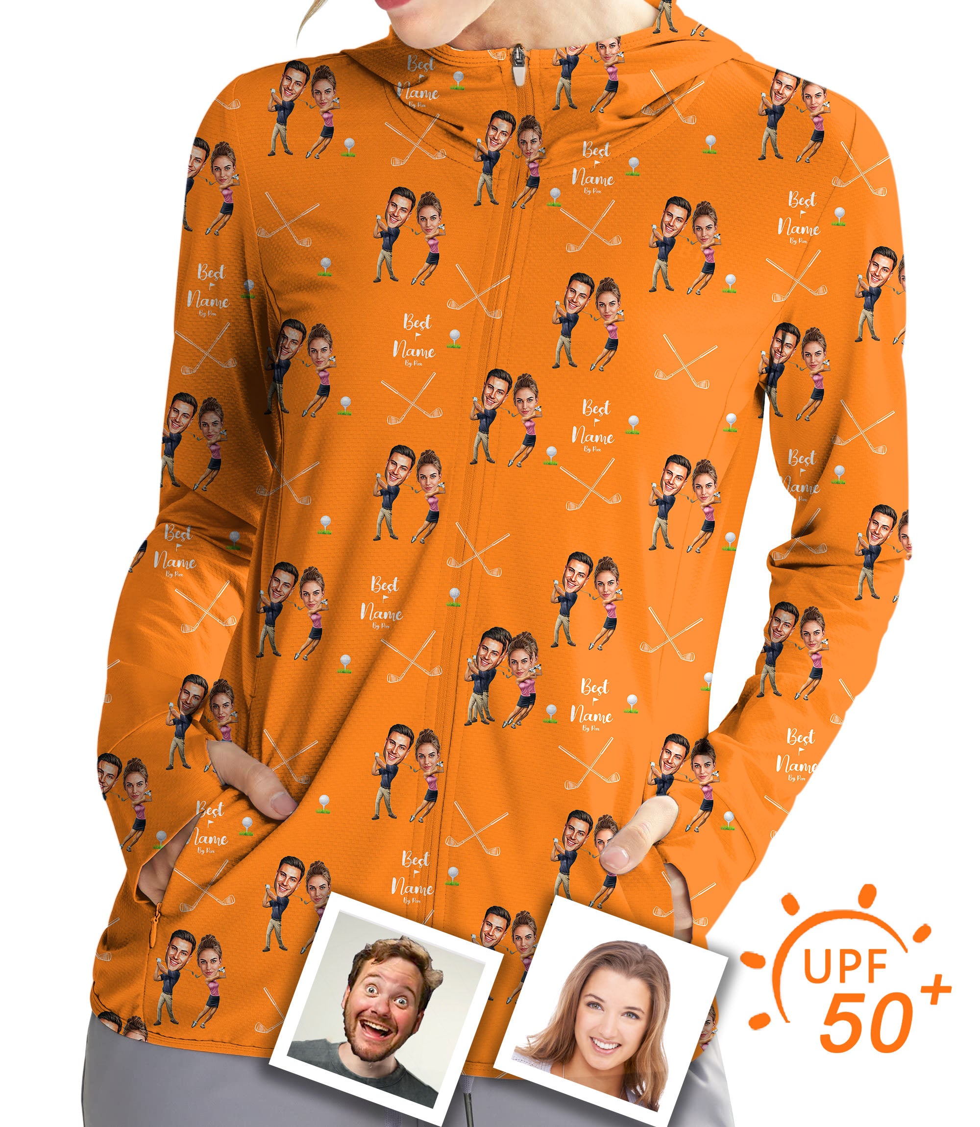 Women's Outdoor Custom Couple Photo Face & Name Golf Sun Protection Slim Fit zip hoodies
