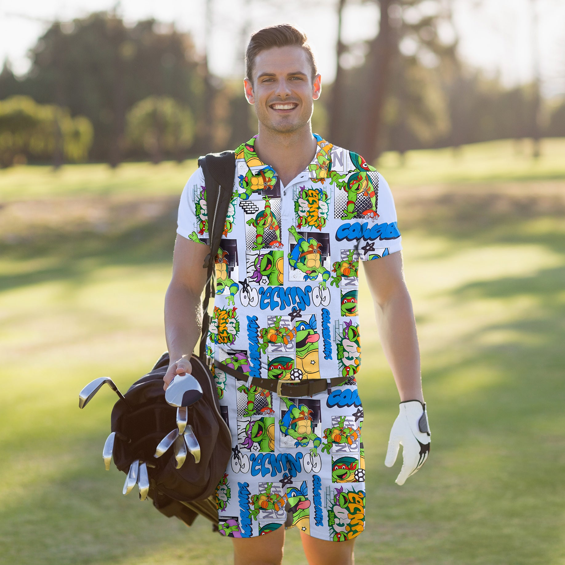 Men's Golf Set Polo+Shorts TMNT Comic Strip