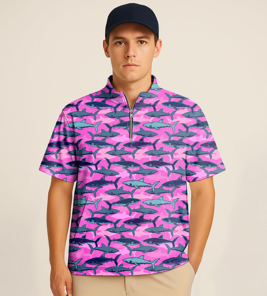 Half Zipper Turtleneck Golf Short Shirt Electric Sharks Pink Embroidery