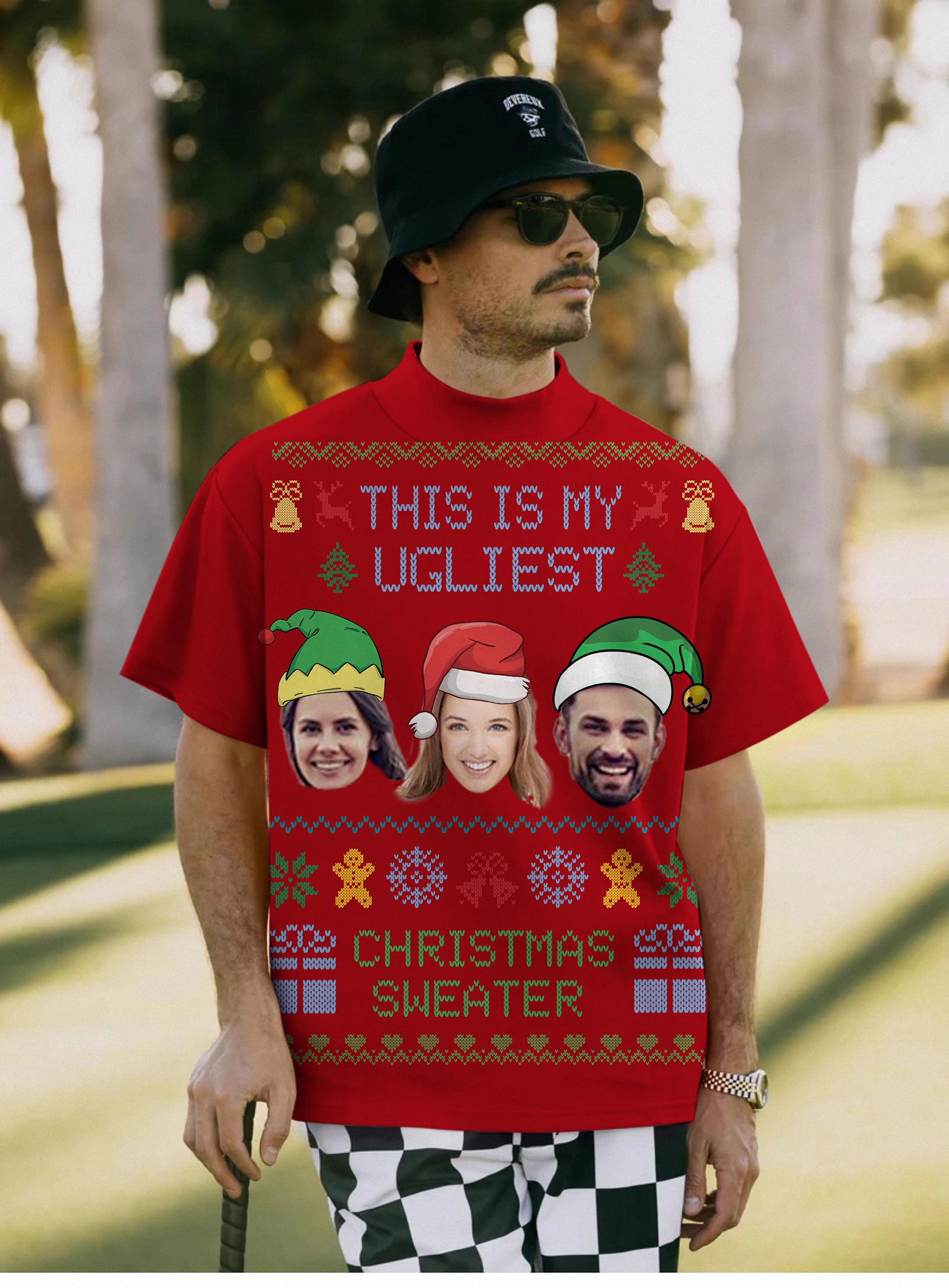 Men's Red-Christmas Custom face Pullover High neck Long/Short sleeve T-Shirt