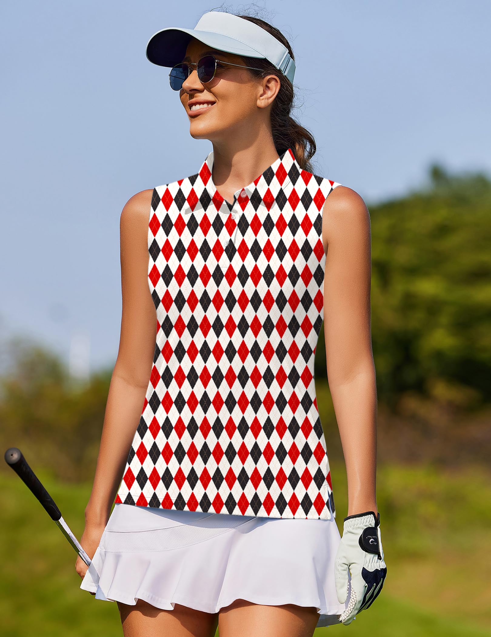 Red black grid Women's golf Sleeveless shirt