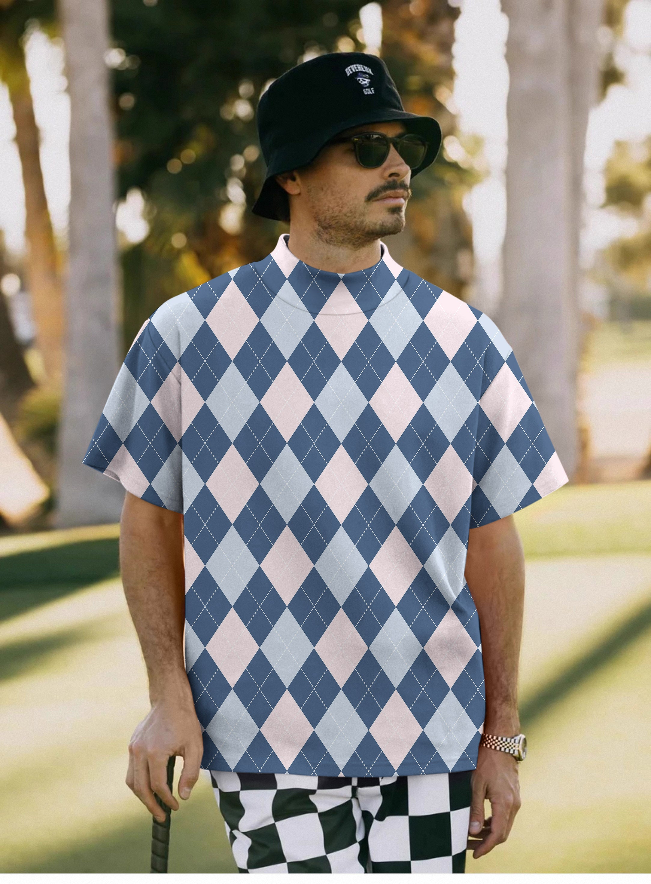 Men's blue Argyle Pullover High neck Long/Short sleeve T-Shirt