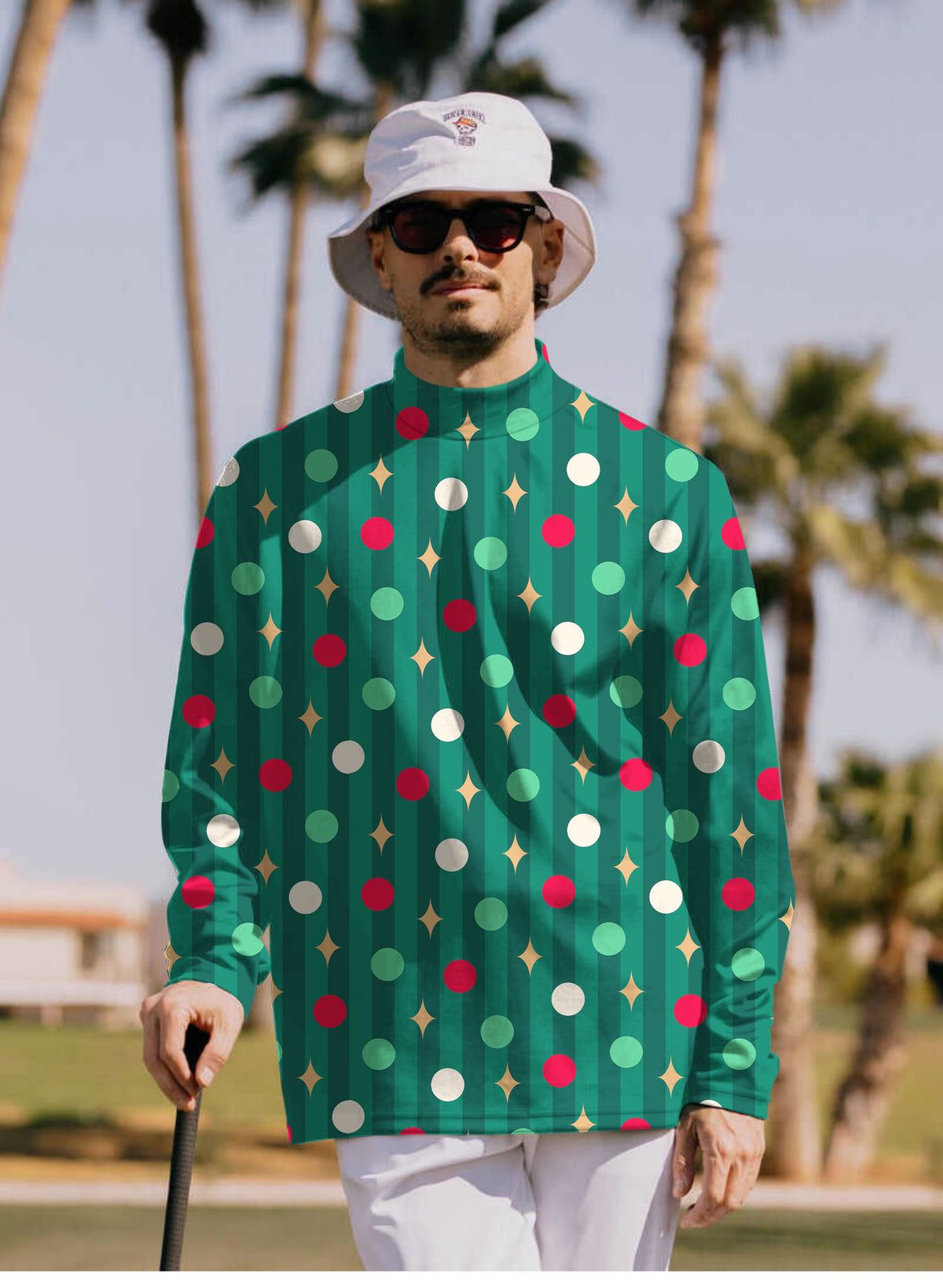 Men's Green Christmas Lollipops Mock Neck Long/Short Sleeve Golf Tops