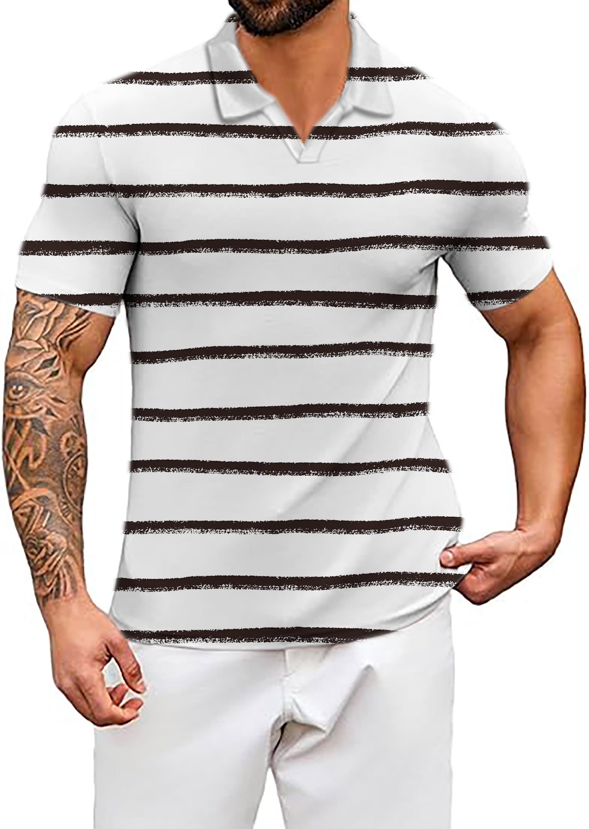 Men's Black and white crayon-style stripes V Neck Golf Polo Shirts