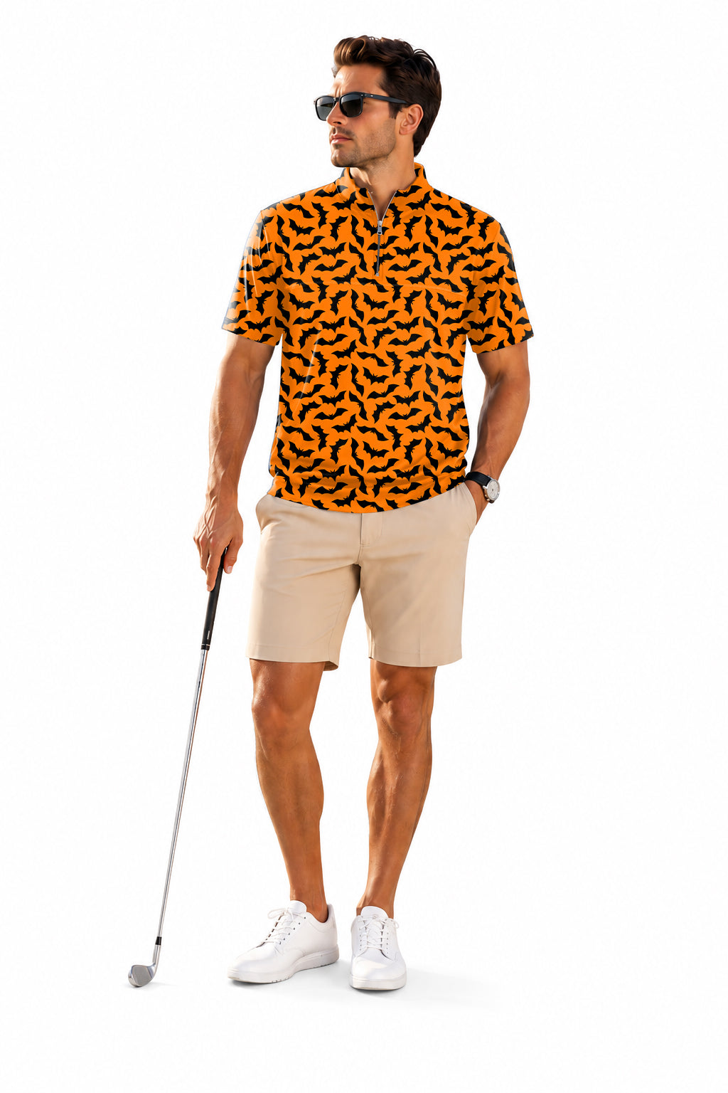 Men's Short Sleeve Quarter Zip Golf Pullover   Halloween Bat Custom The Background Color Embroidery