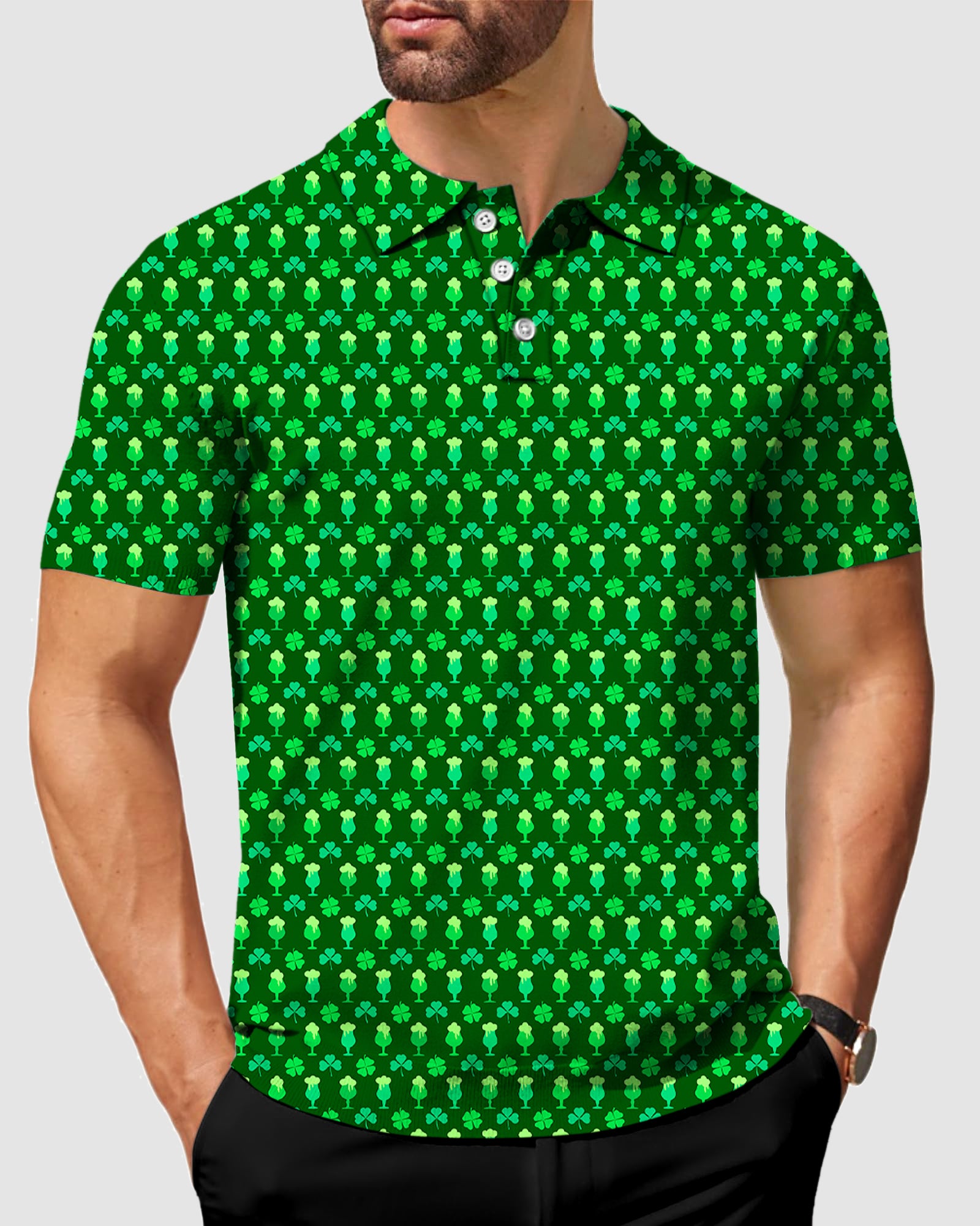 Men's Green beer clover leaf St. Patrick's Day Golf Polo
