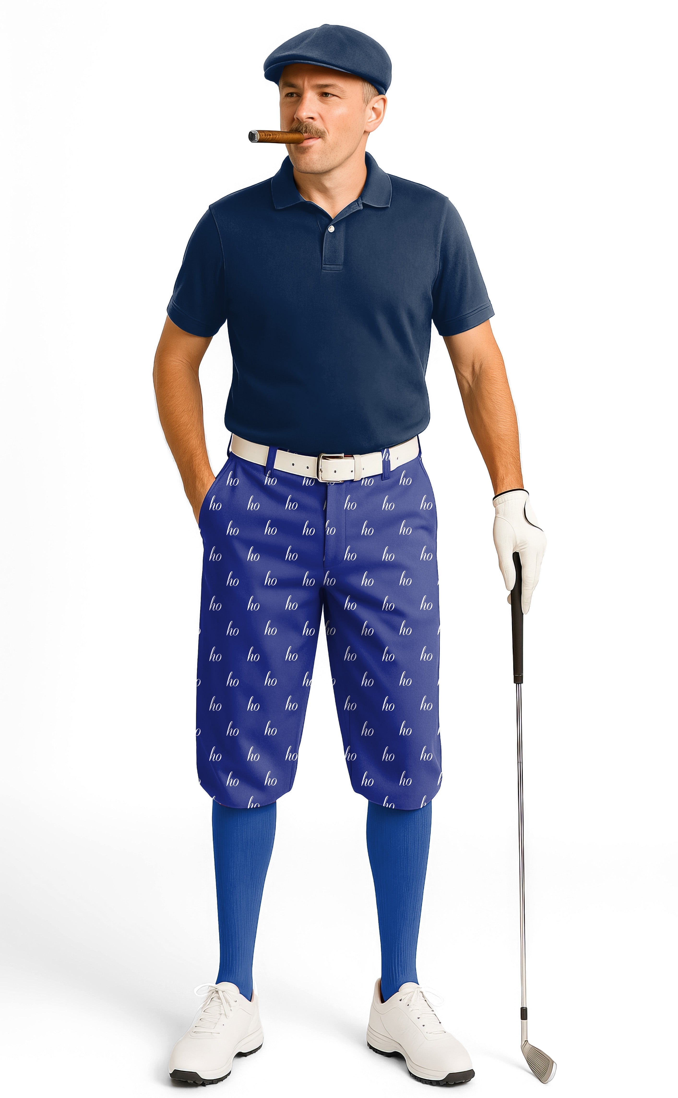 Blue custom name Christmas men's golf knickers with snug ankle cuffs and wrinkle-resistant fabric