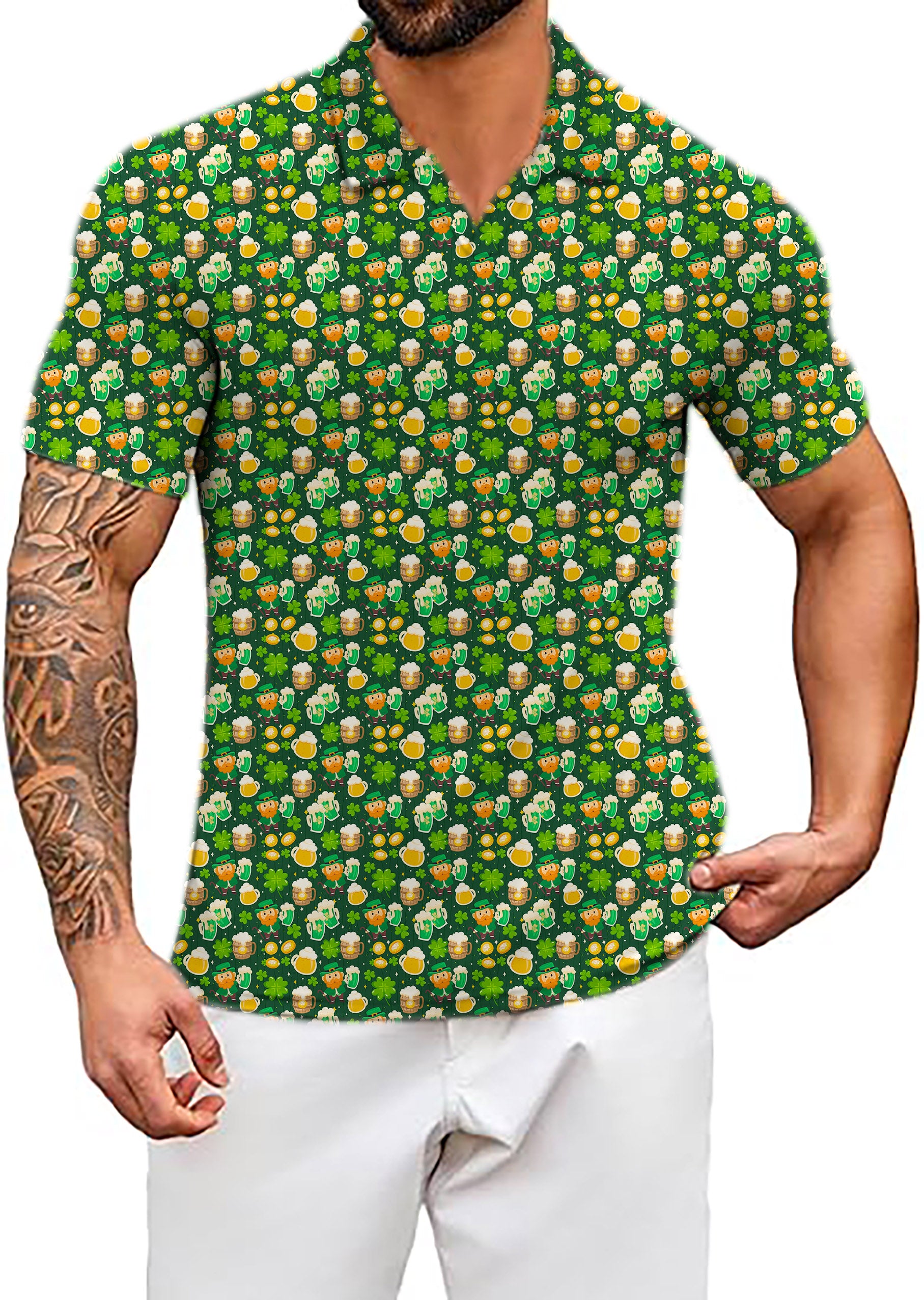 Men's Green beer clover leaf St. Patrick's Day V Neck Golf Polo Shirts
