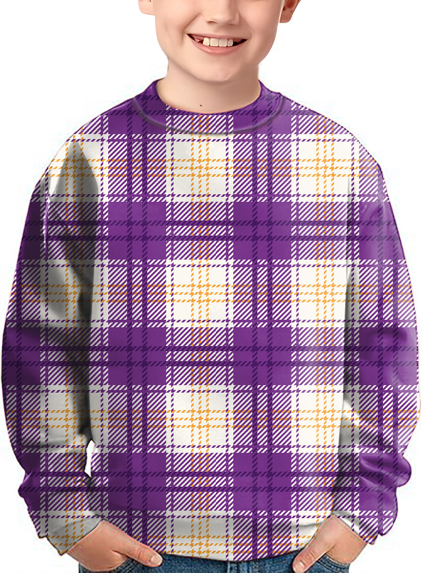 Halloween purple and yellow grid pattern Crewneck Pullover Kids Ugly Sweater