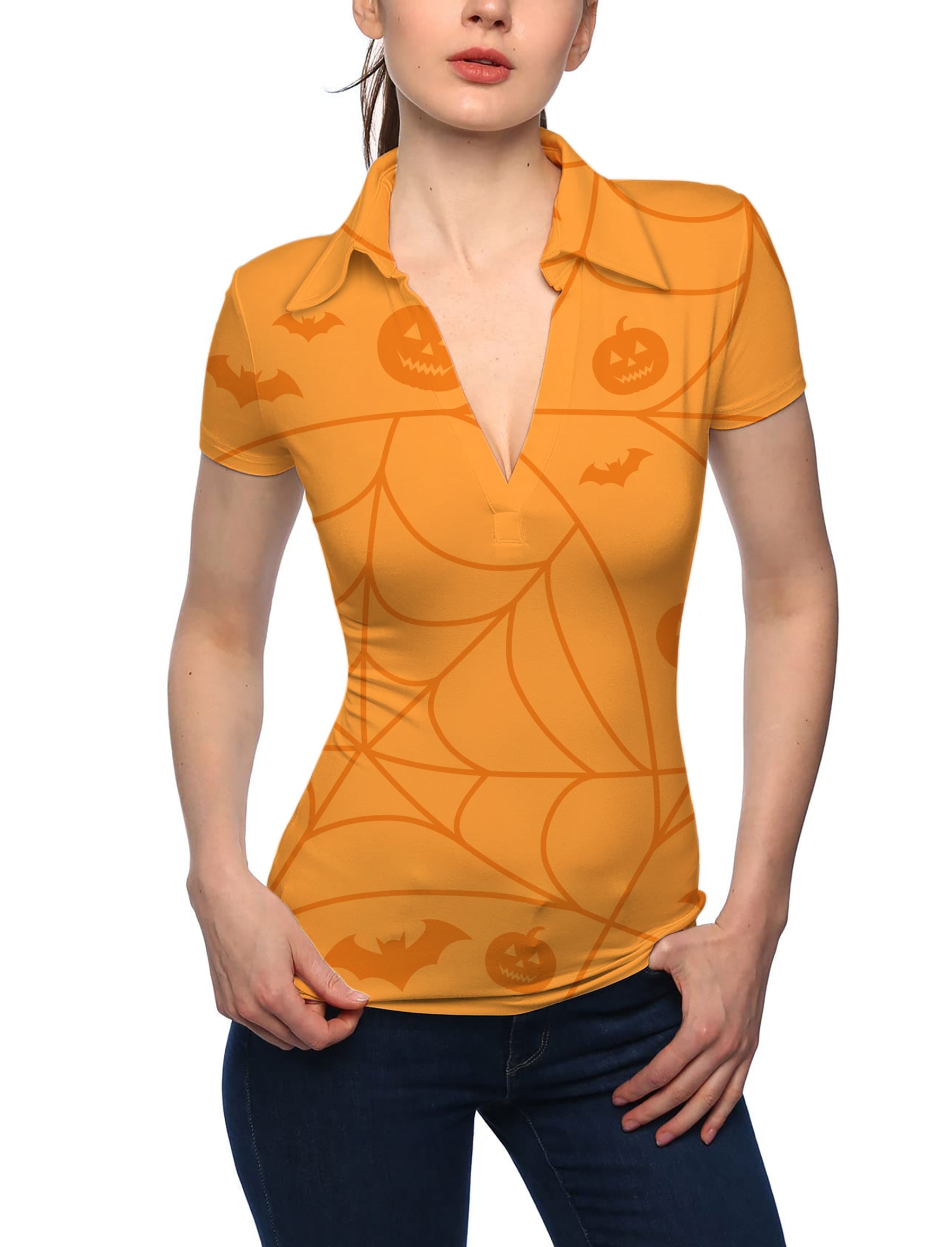 Women's Halloween Spiderweb Pumpkin V Neck Golf Polo