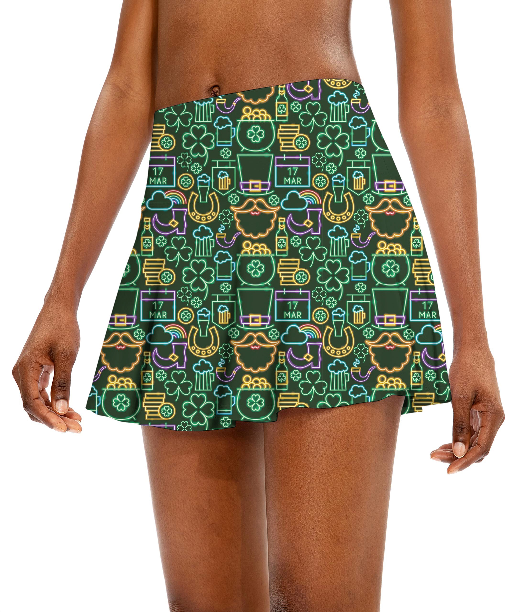 Neon Saint Pattys Party Women's Athletic Golf Skorts Flared Skirts