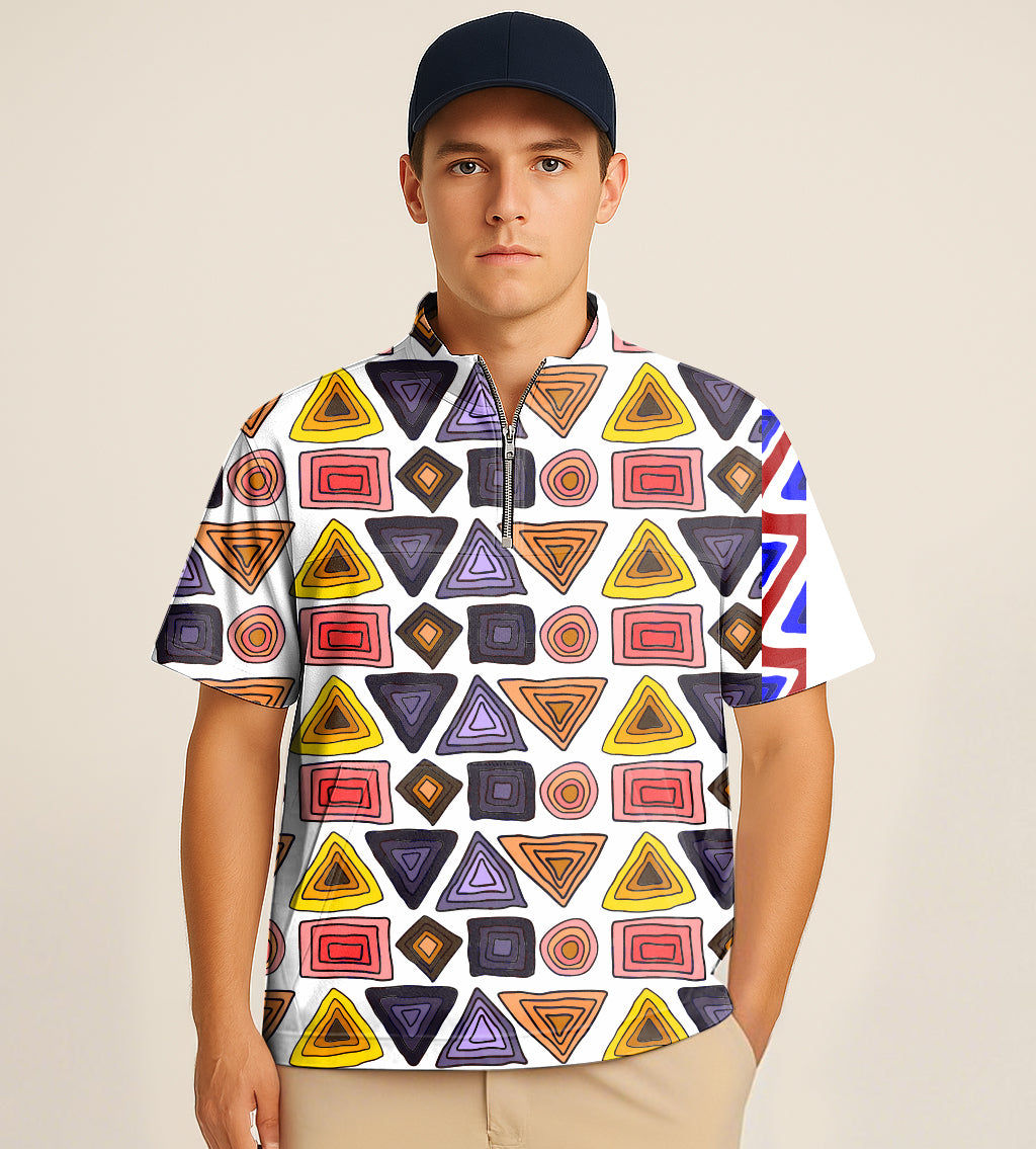 Half Zipper Turtleneck Golf Short Shirt colorfull triangle tribal Embroidery