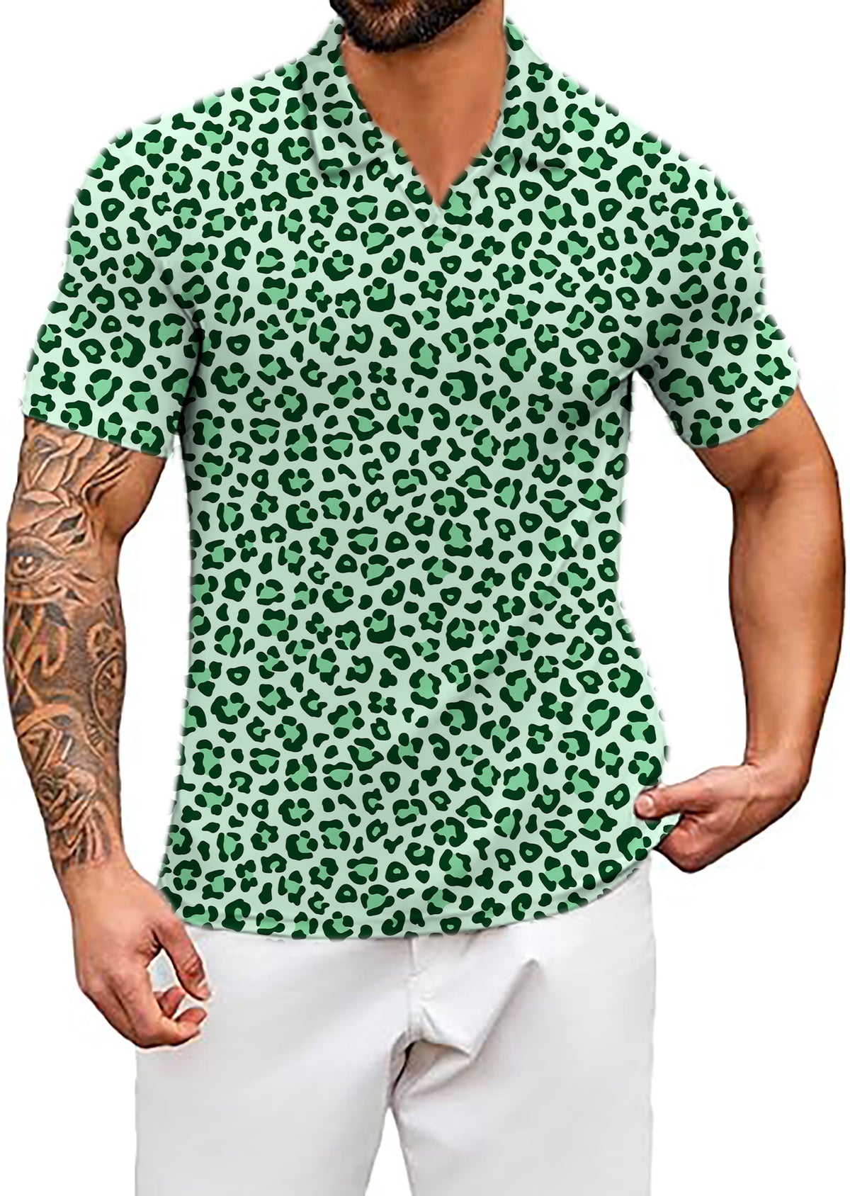 Men's Green leopard print V Neck Golf Polo Shirts