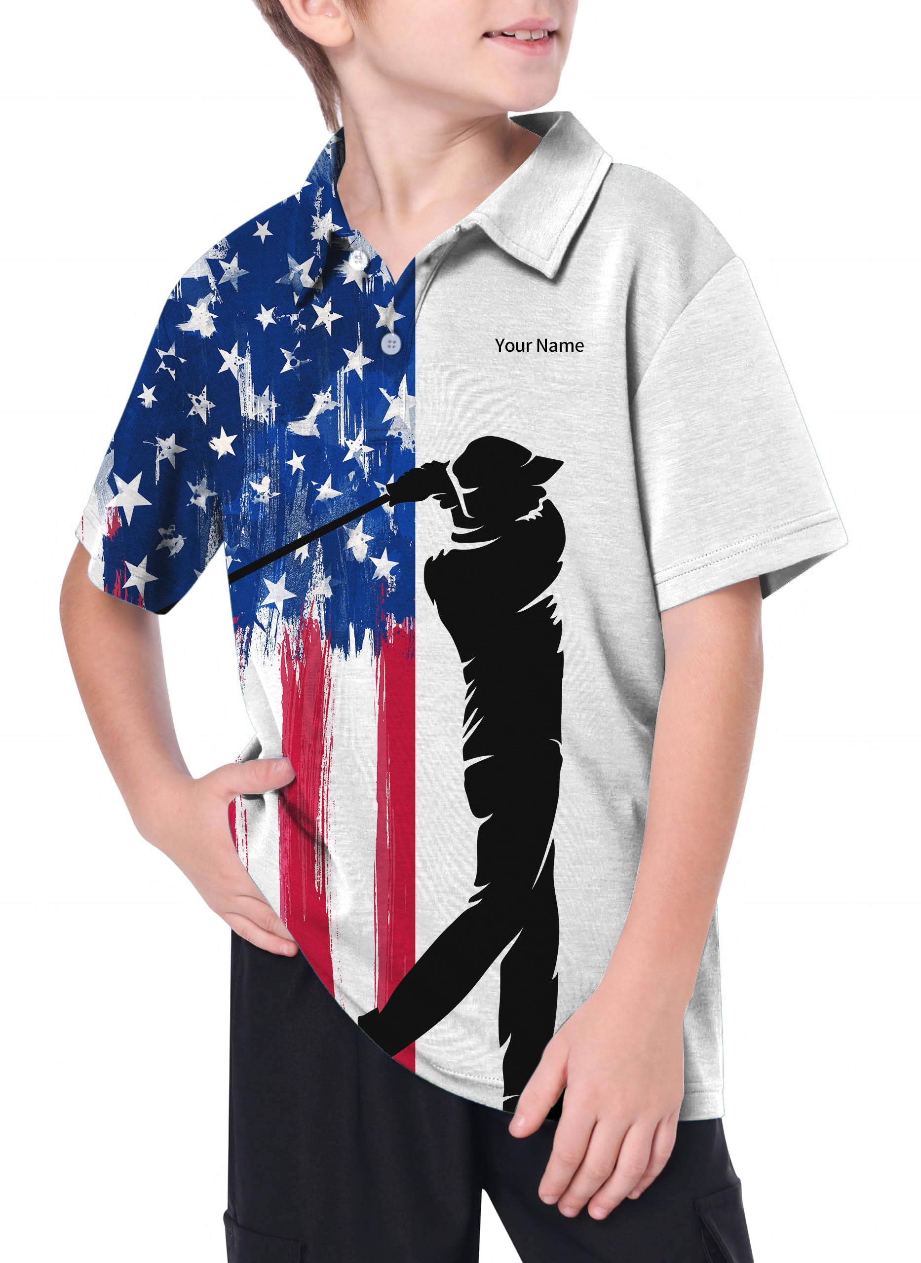 Personalized embroidery Your Name Youth American Flag Golf Polo