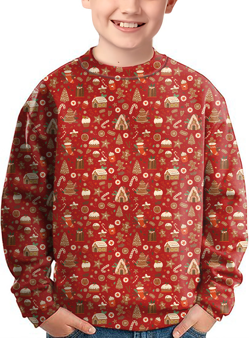 Red Christmas Candy House Crewneck Pullover Kids Ugly Sweater