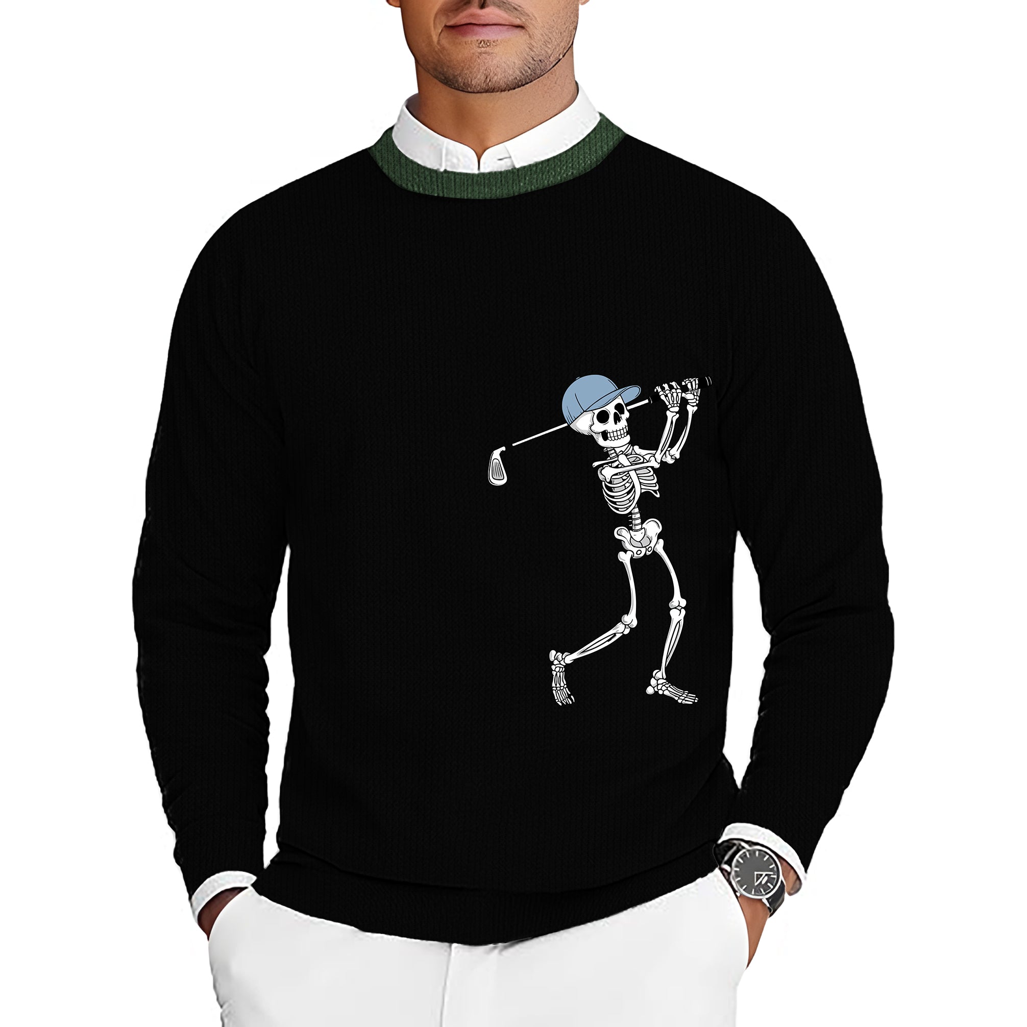 Blue Green Black Halloween Skeleton Golf Men's Golf Crewneck Pullover Sweaters Ugly Sweater