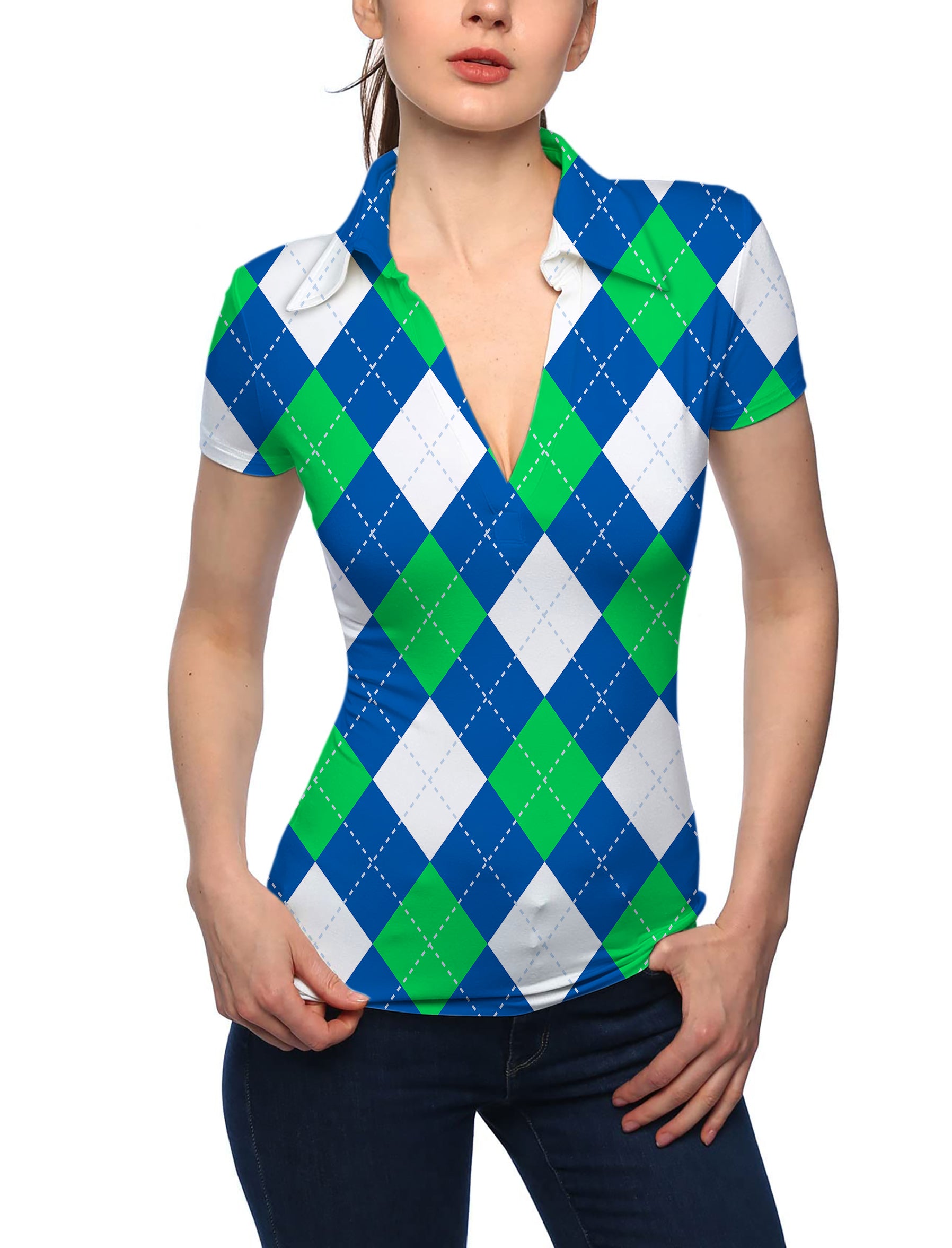 Women's Argyle green blue V Neck Golf Polo