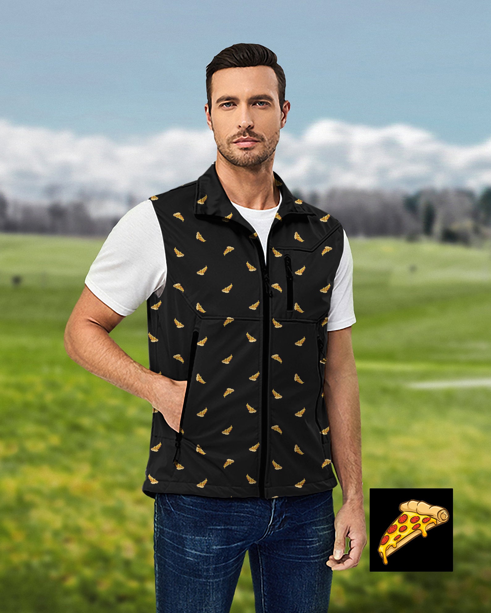 Men's Delicious White Pizza Custom The Background Color Lightweight Softshell Vest Sleeveless Jacket for Golf Windproof Waterproof