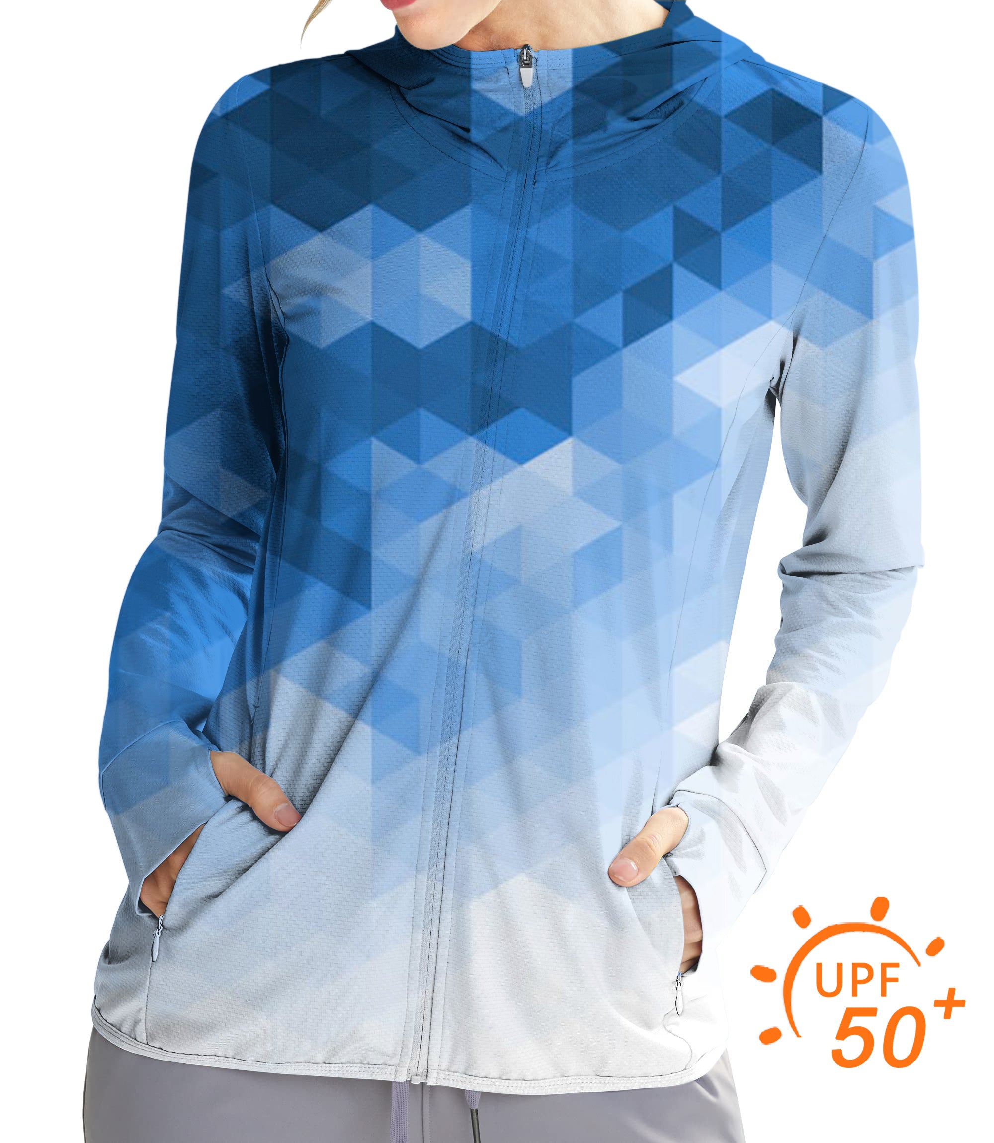 Women's Outdoor Abstract Blue Background With Triangular Pattern Golf Sun Protection Slim Fit zip hoodies