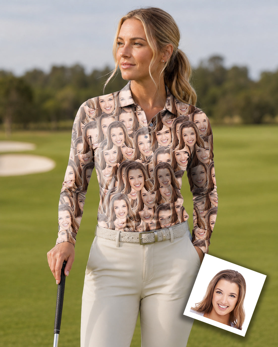Custom Photo All Funny Faces Women's Long-Sleeved Golf Polo