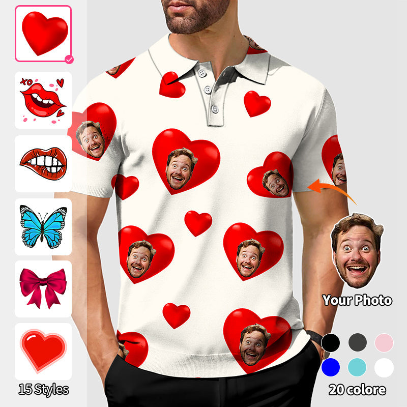 Valentine's Day men's custom photo face beige love polo shirt with stretchy, moisture-wicking fabric and UV protection