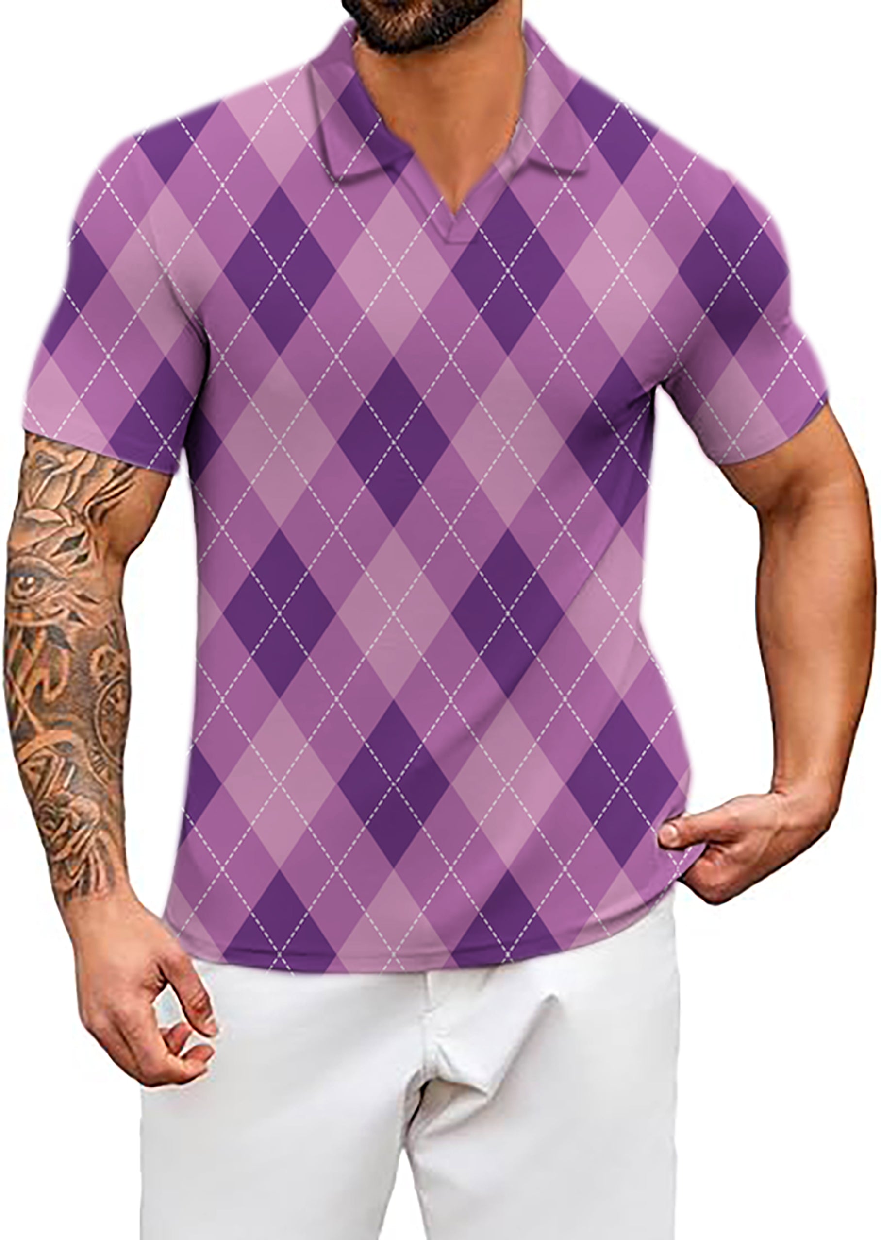Men's purple Argyle V Neck Golf Polo Shirts