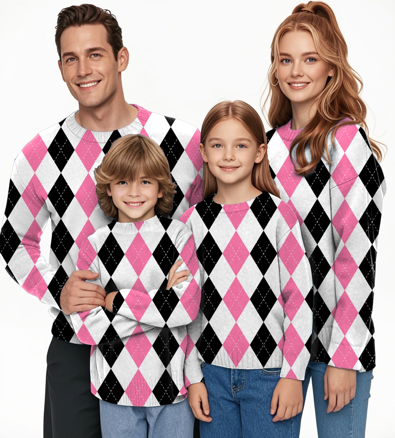 pink black argyle Crewneck Pullover Ugly Sweater Men Women boy girl family