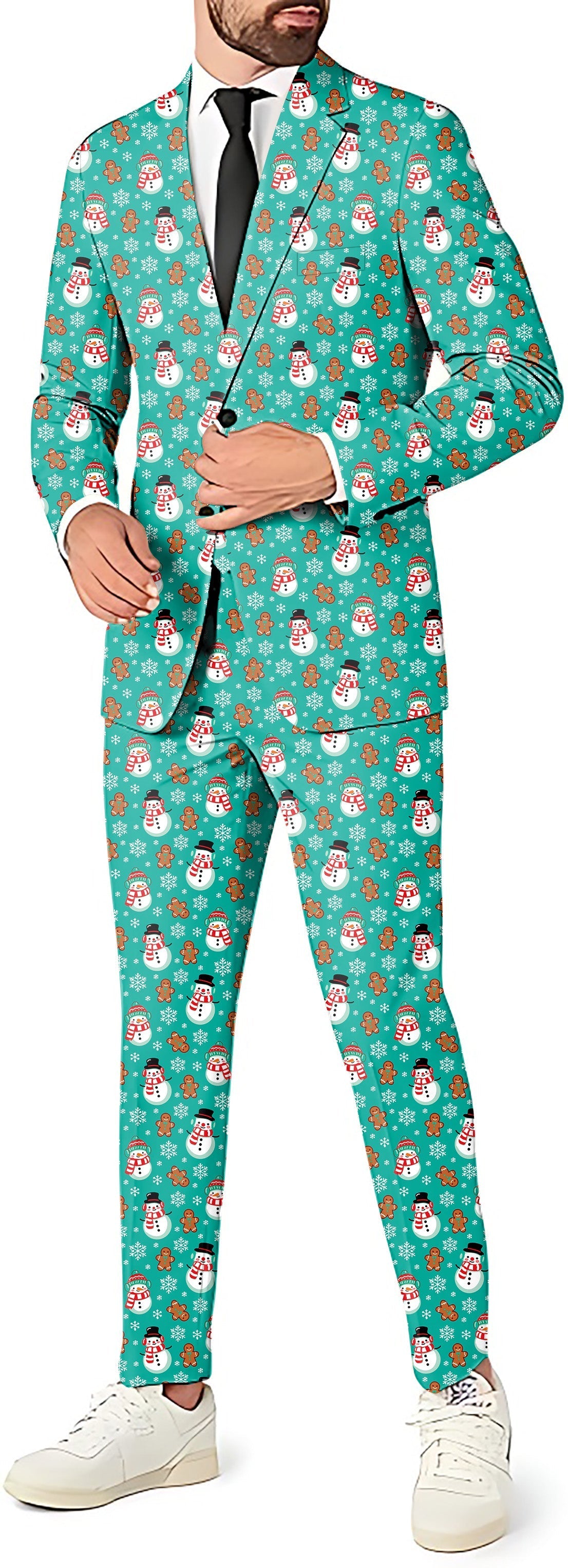 Men's gingerbread snowman blue Christmas blazer and pants suit set for holiday parties