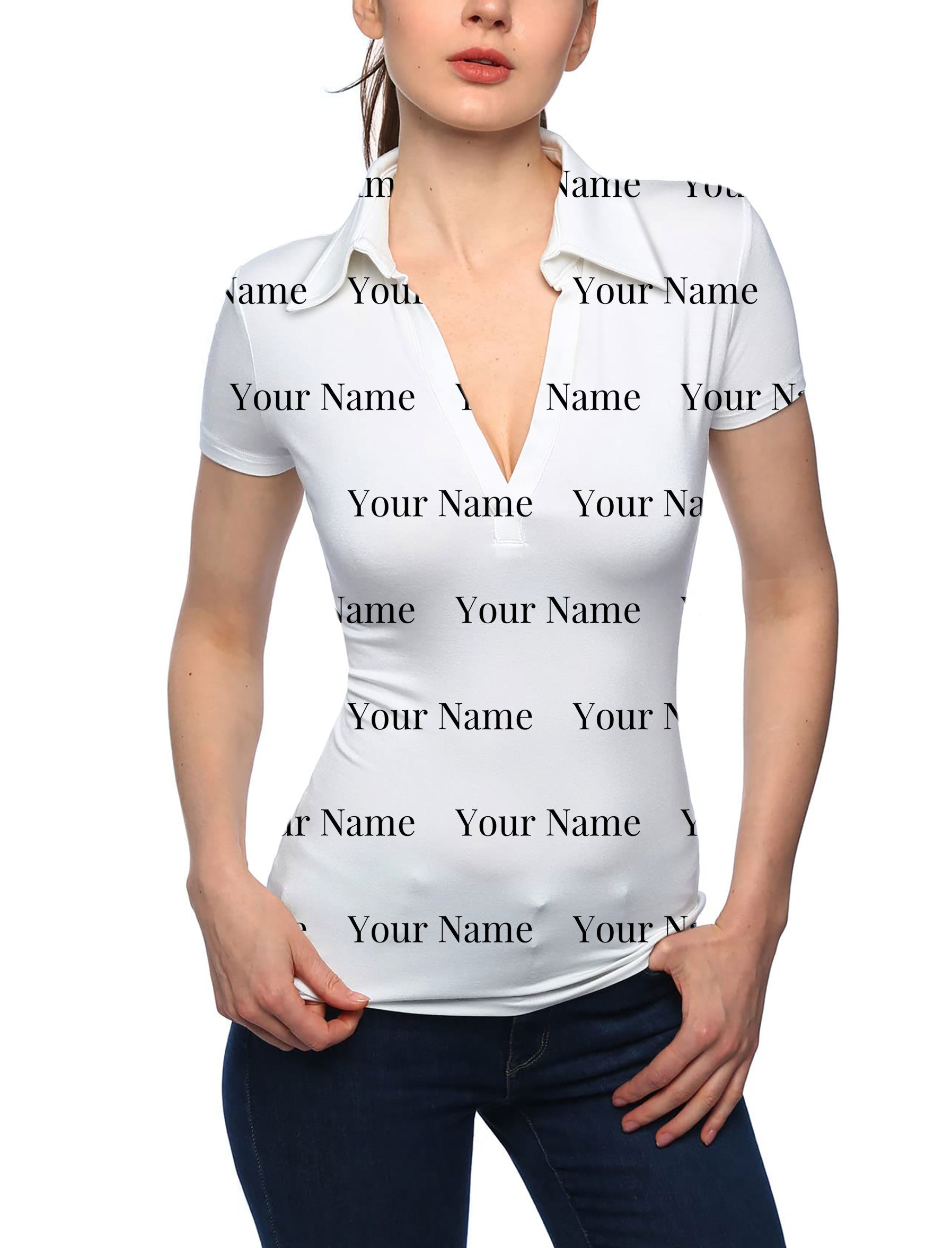 Women's Custom name white V Neck Golf Polo