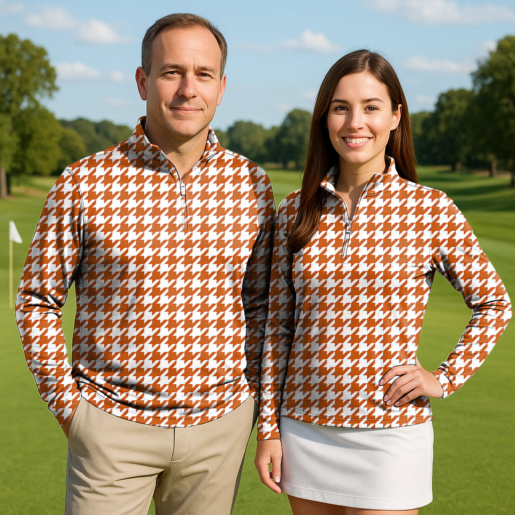 Halloween yellow and white houndstooth Couple Golf Active 3/4 Zipper Top Long Sleeves