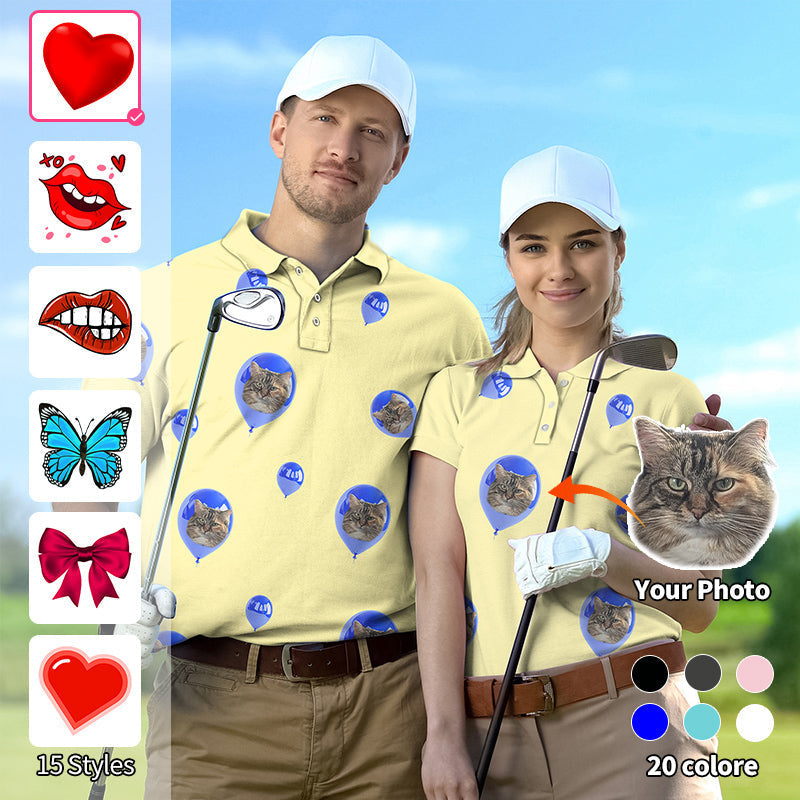 Yellow custom Valentine's Day couple golf polo shirts with personalized photo and golf accessories.