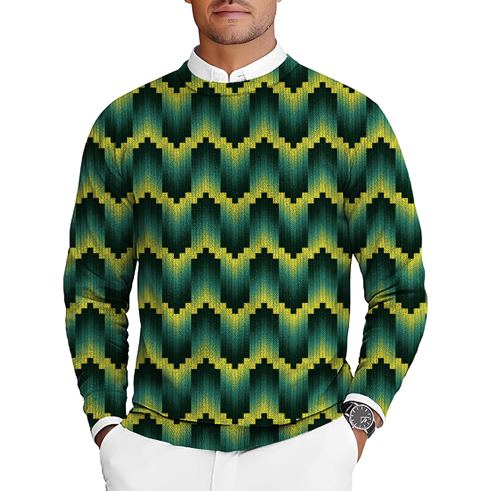 Green Ripples Custom Sport Team Competition Uniforms Men's Golf Crewneck Pullover Sweaters Ugly Sweater