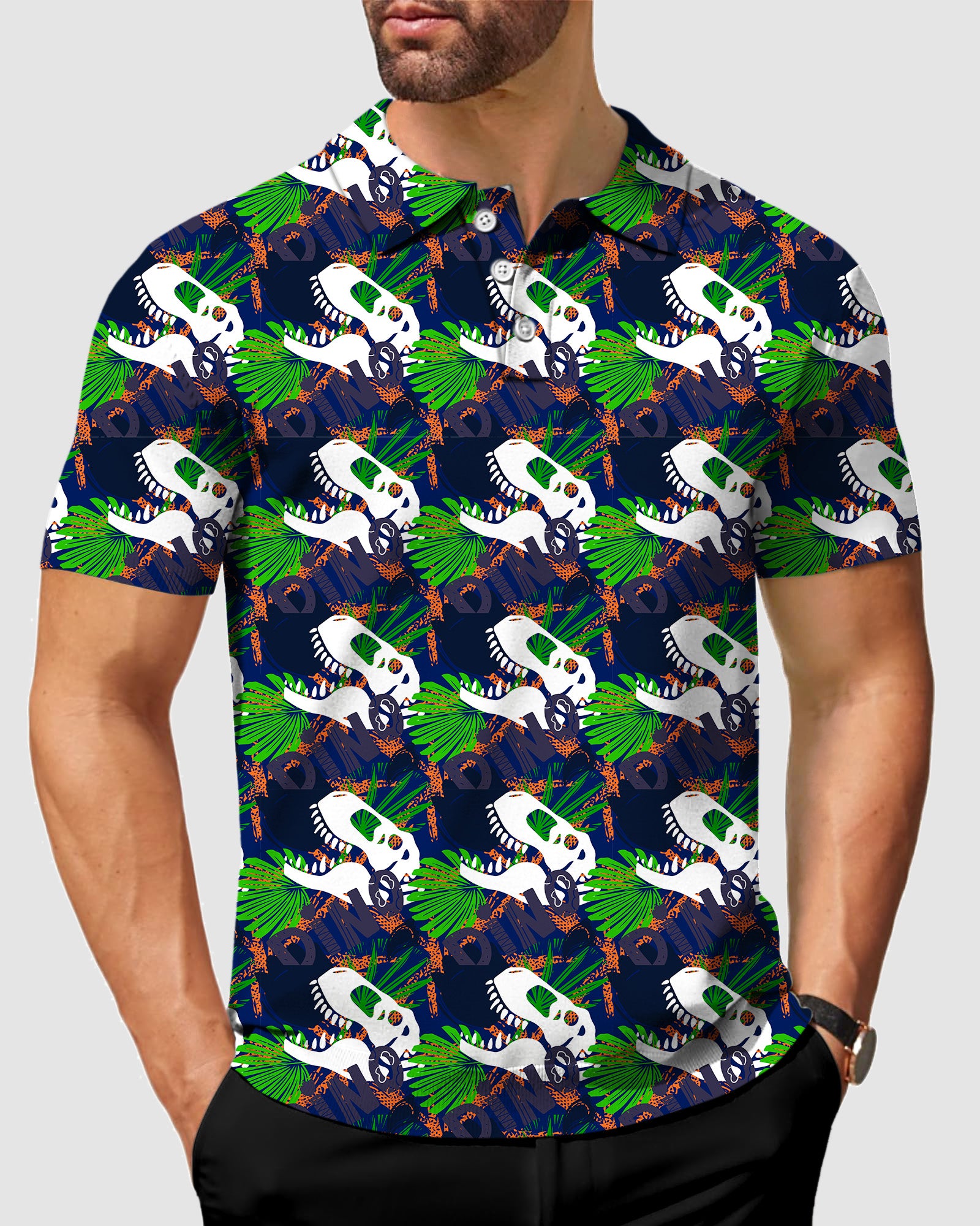 men's golf dinosaur fossil polo