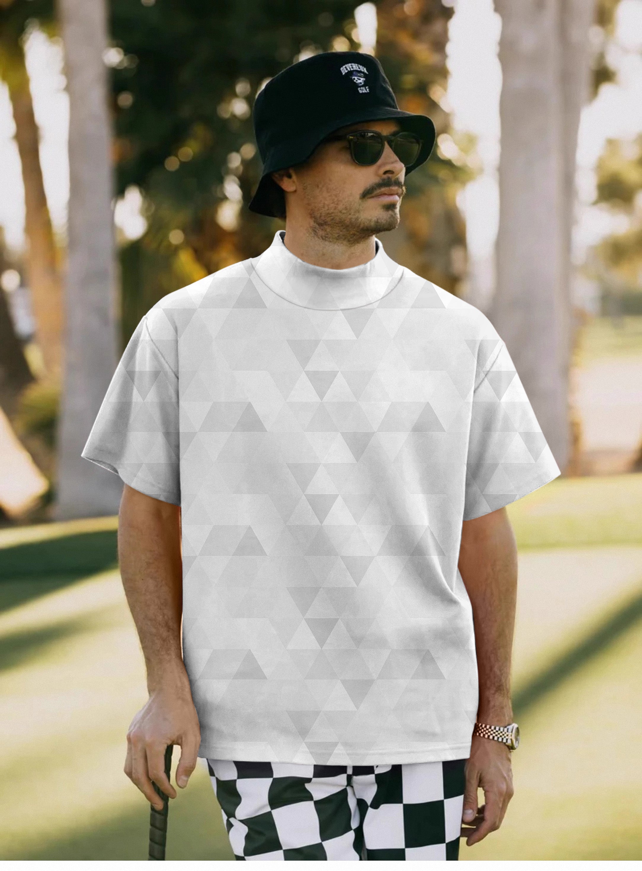 Men's Abstract Grey Background With Triangular Pattern Mock Neck Long/Short Sleeve Golf Tops