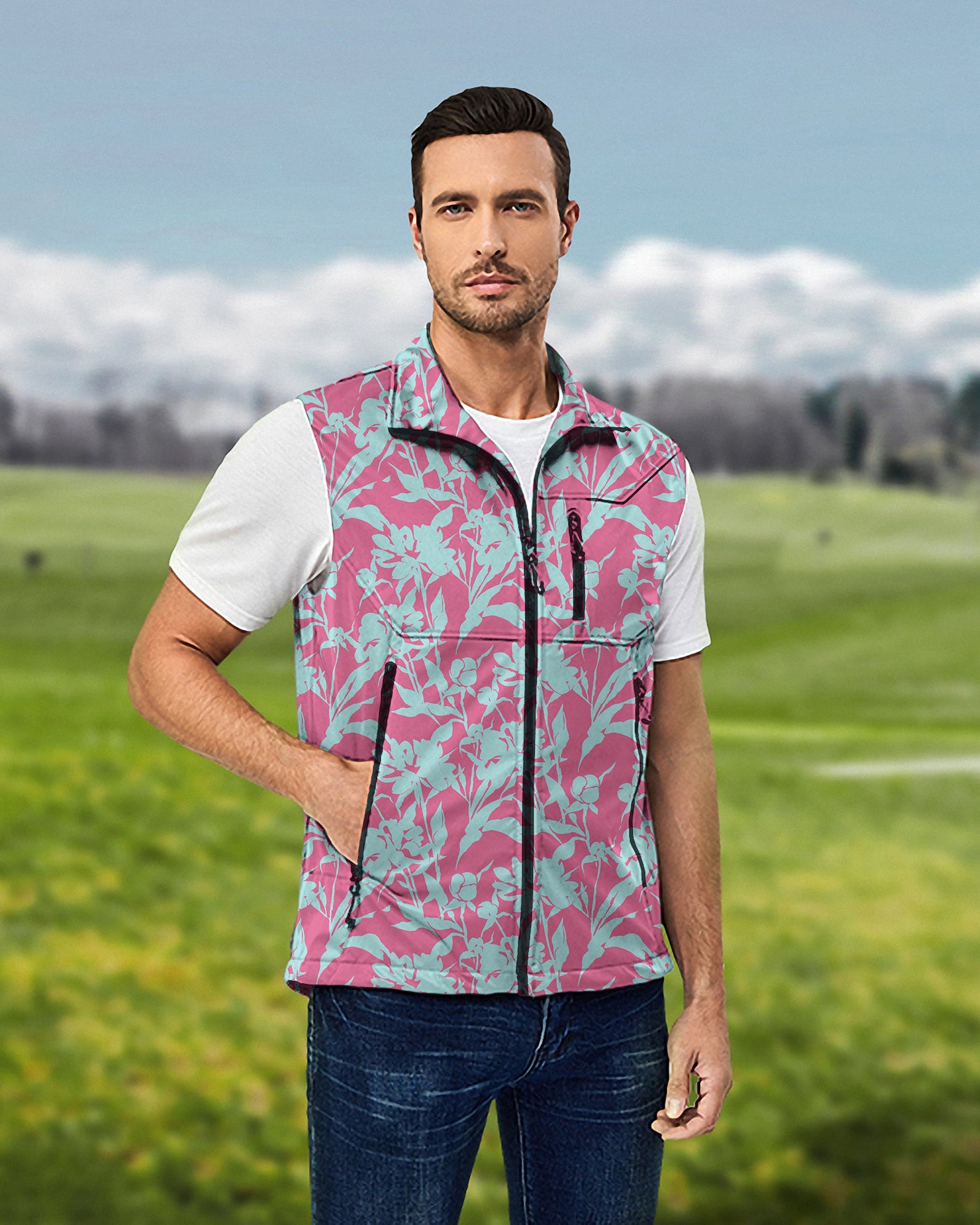 Men's Blue Botanical Lightweight Softshell Vest Sleeveless Jacket for Golf